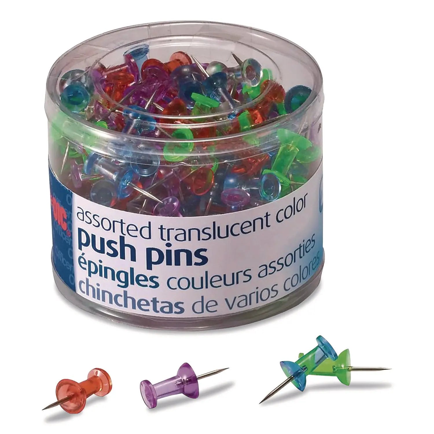 Officemate Push Pins, Assorted Plastic Head, 0.5" Pin, 200/Pack