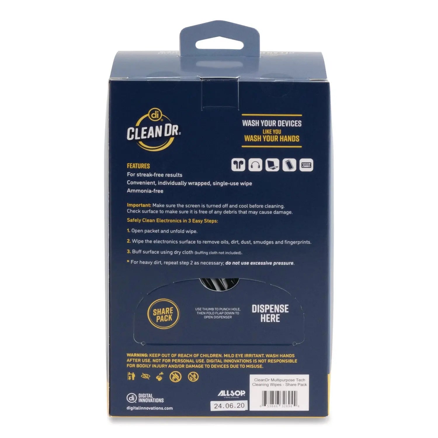 Digital Innovations ScreenDr Multipurpose Tech Cleaning Wipes, 10-Ply, 7 x 4, Unscented, White, 200/Pack