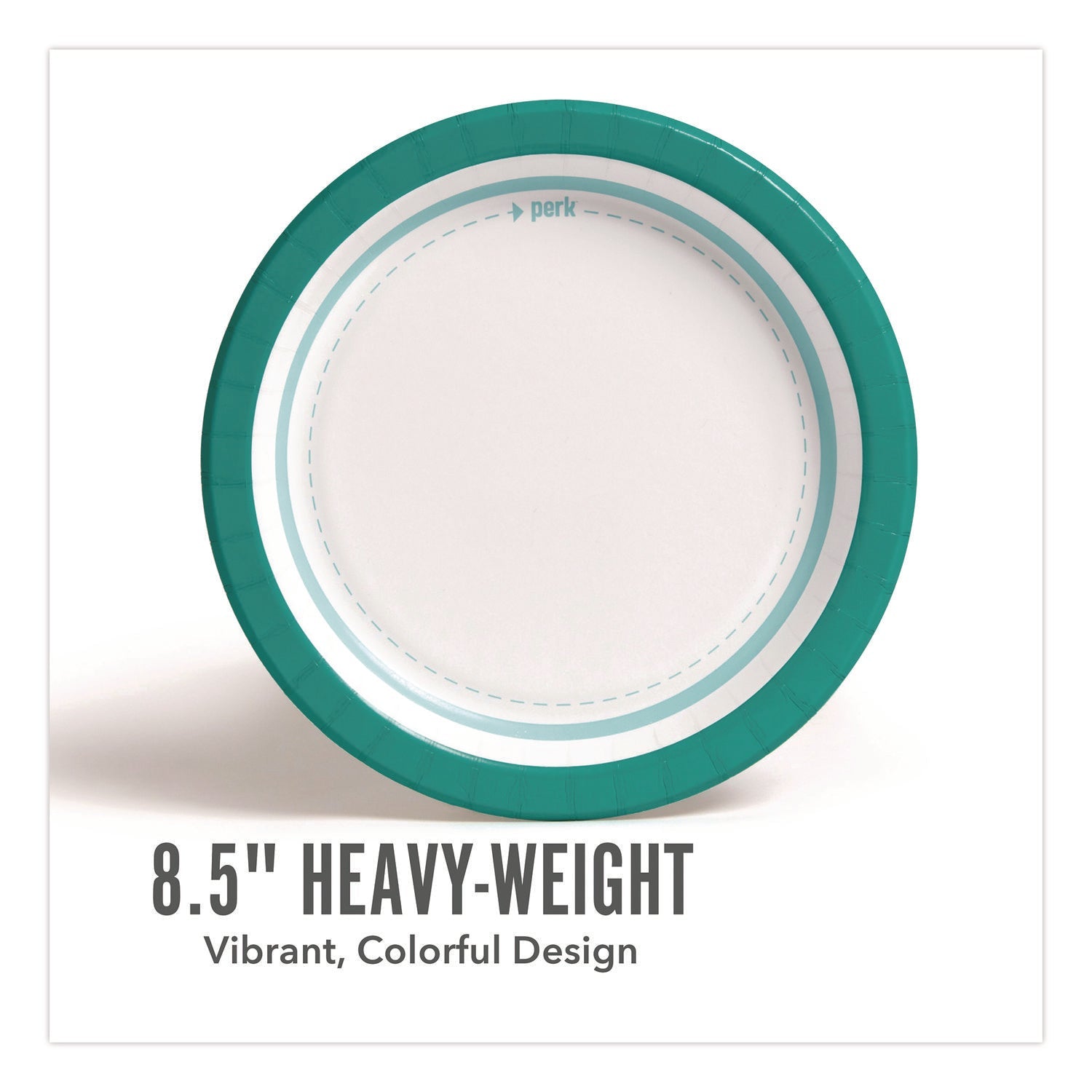 Perk™ Medium-Weight Paper Plates, 8.5" dia, White/Teal, 500/Carton
