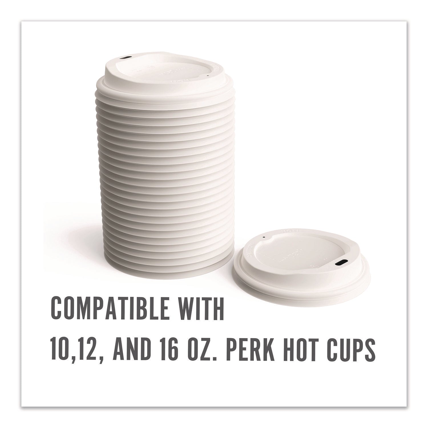 Perk™ Plastic Hot Cup Lids, Fits 10 oz to 16 oz Hot Cups, White, 500/Carton