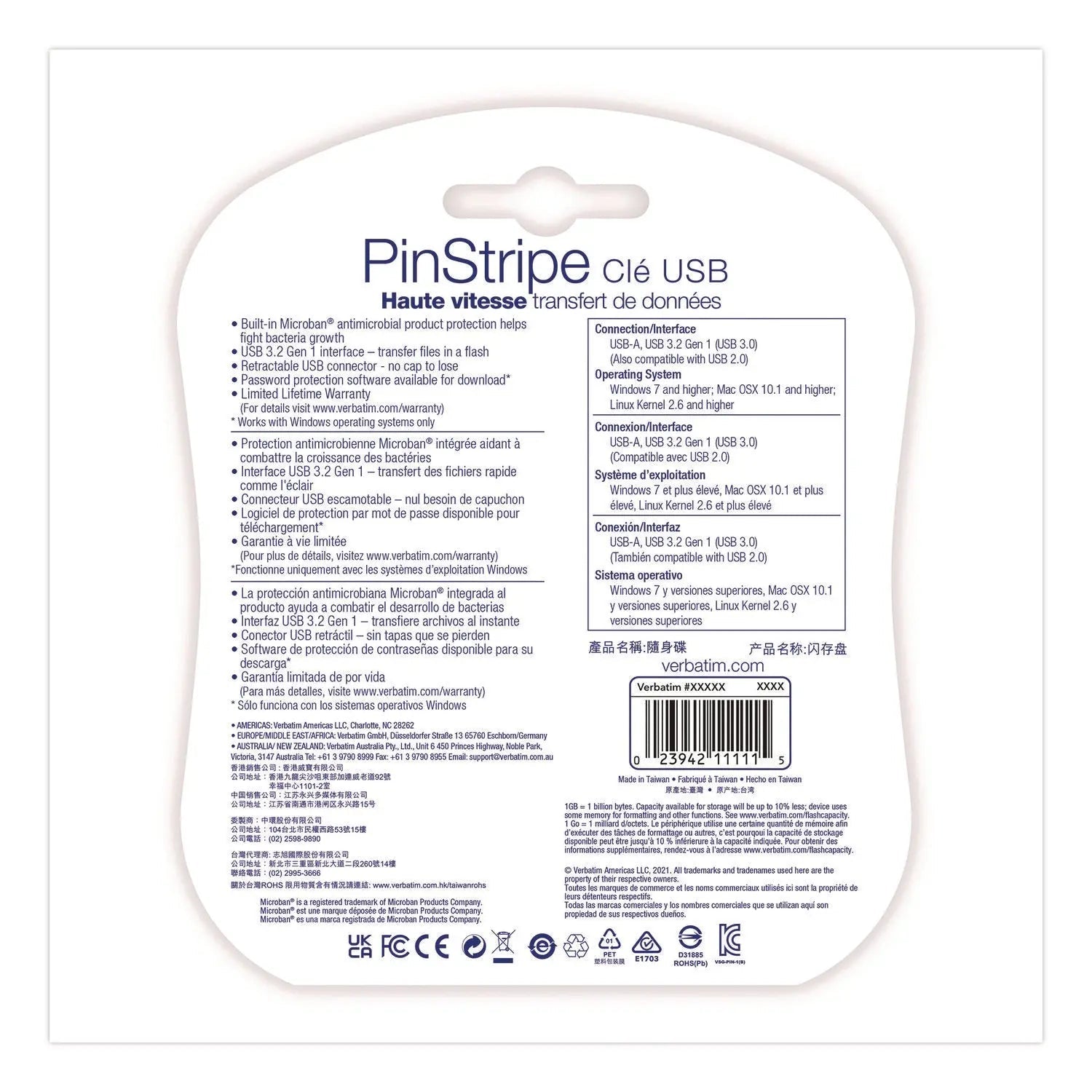 Verbatim® PinStripe USB 3.0 Flash Drive, 16 GB, Assorted Colors, 5/Pack