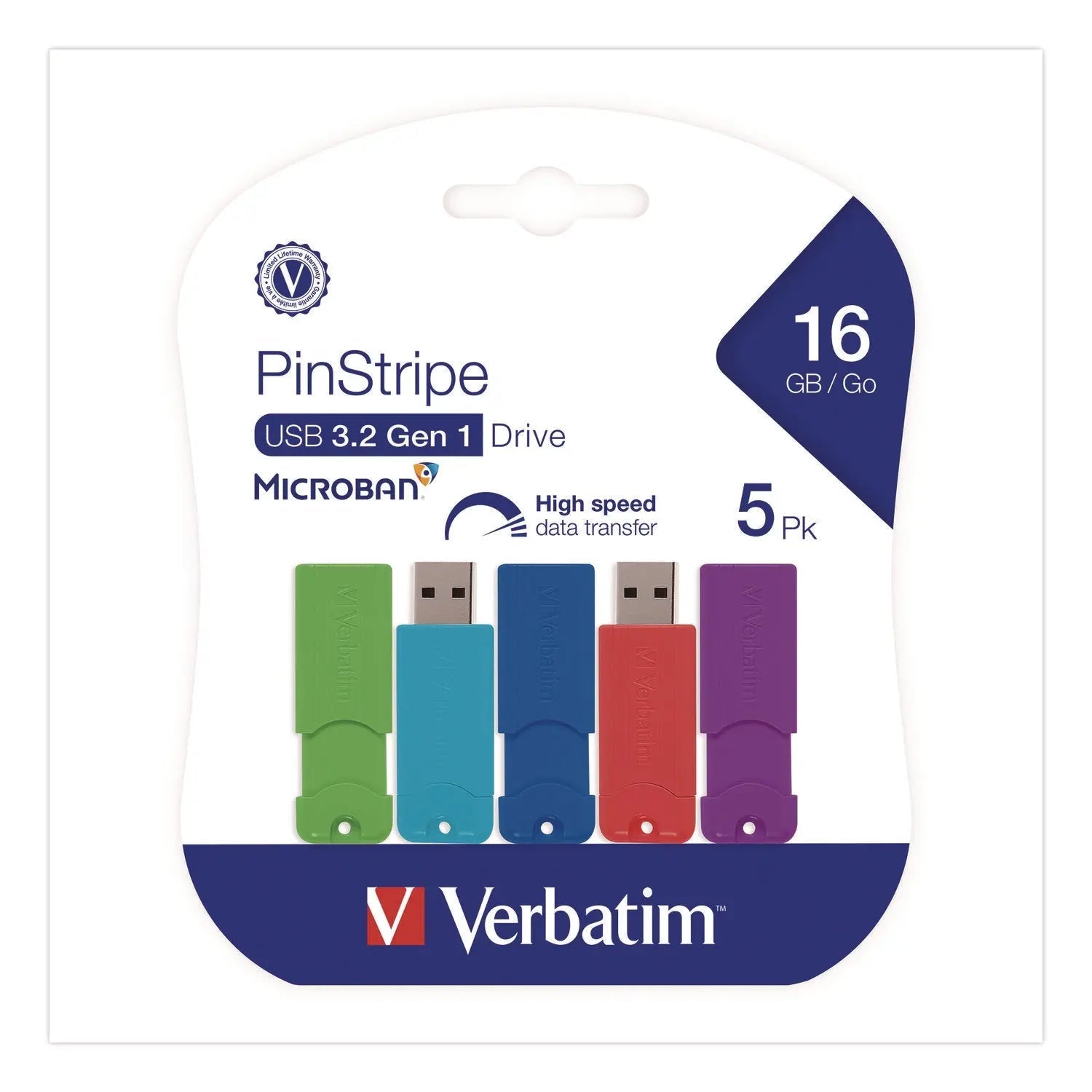 Verbatim® PinStripe USB 3.0 Flash Drive, 16 GB, Assorted Colors, 5/Pack
