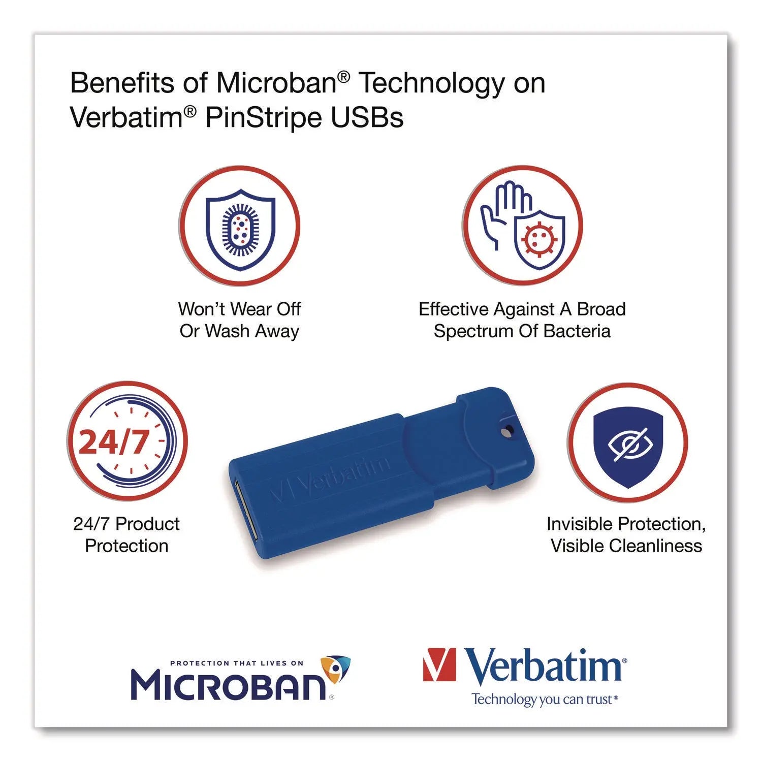 Verbatim® PinStripe USB 3.2 Flash Drive, 64 GB, Assorted Colors, 5/Pack