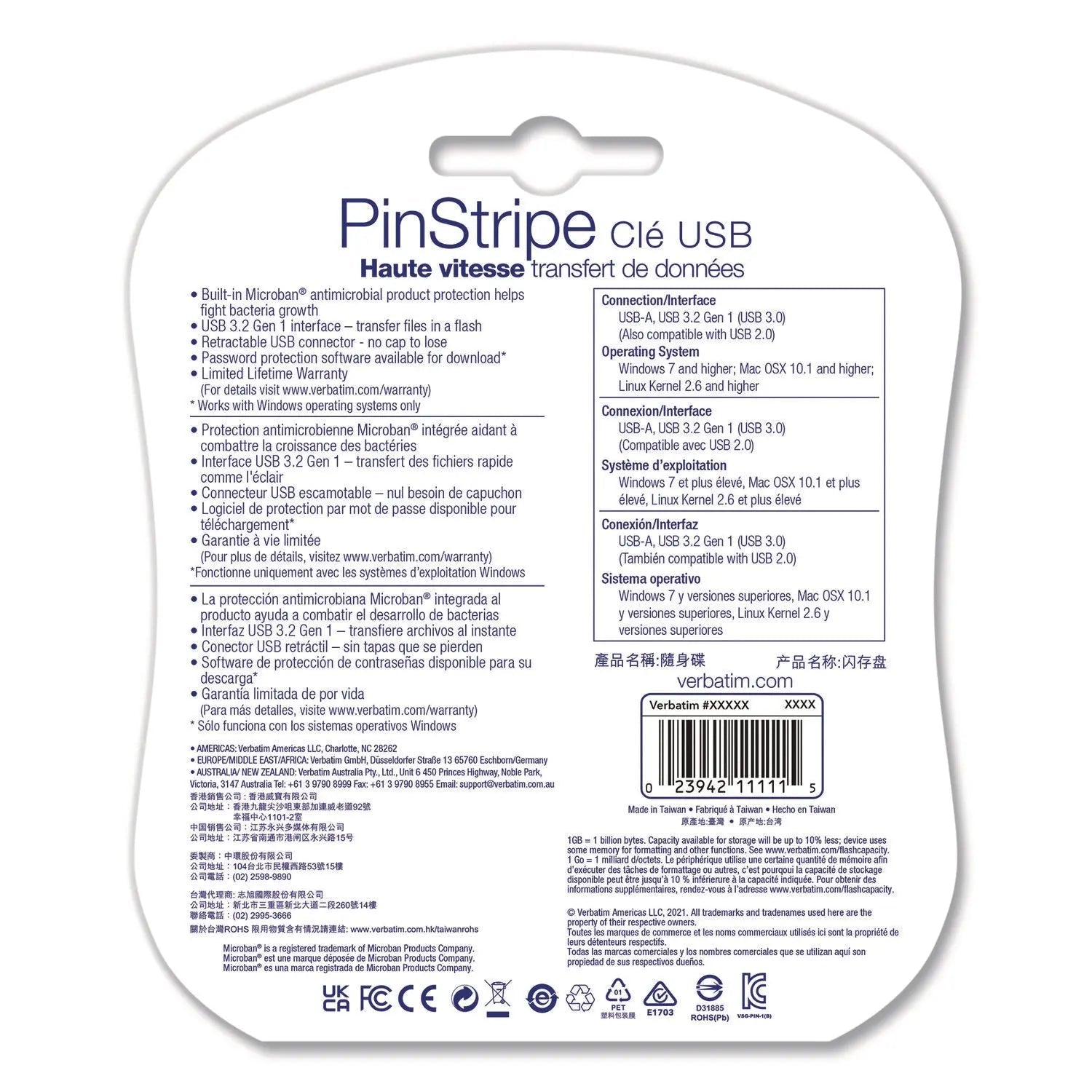 Verbatim® PinStripe USB 3.2 Flash Drive, 64 GB, Assorted Colors, 5/Pack