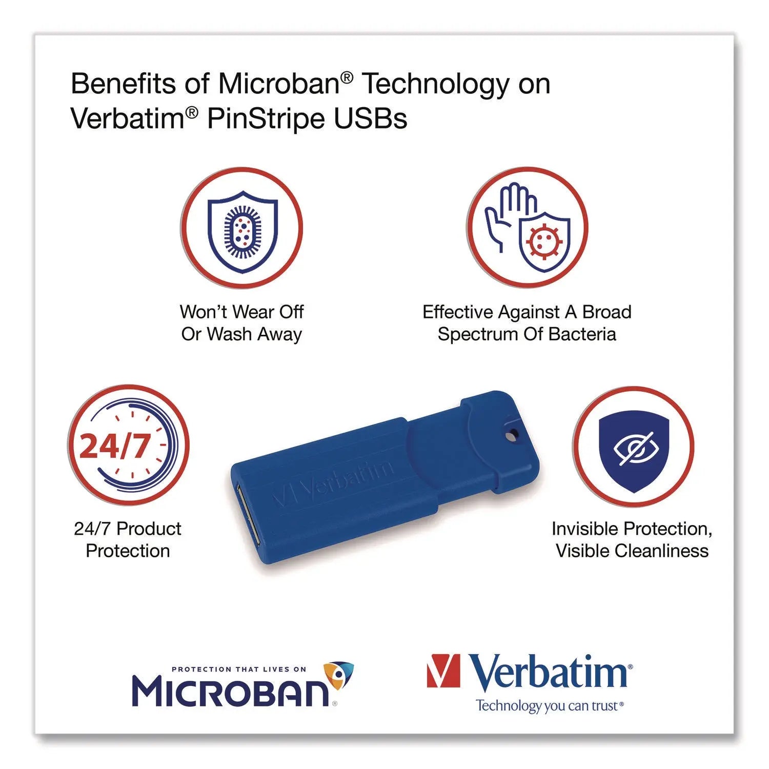 Verbatim® PinStripe USB 3.0 Flash Drive, 128 GB, Blue/Green/Red, 3/Pack