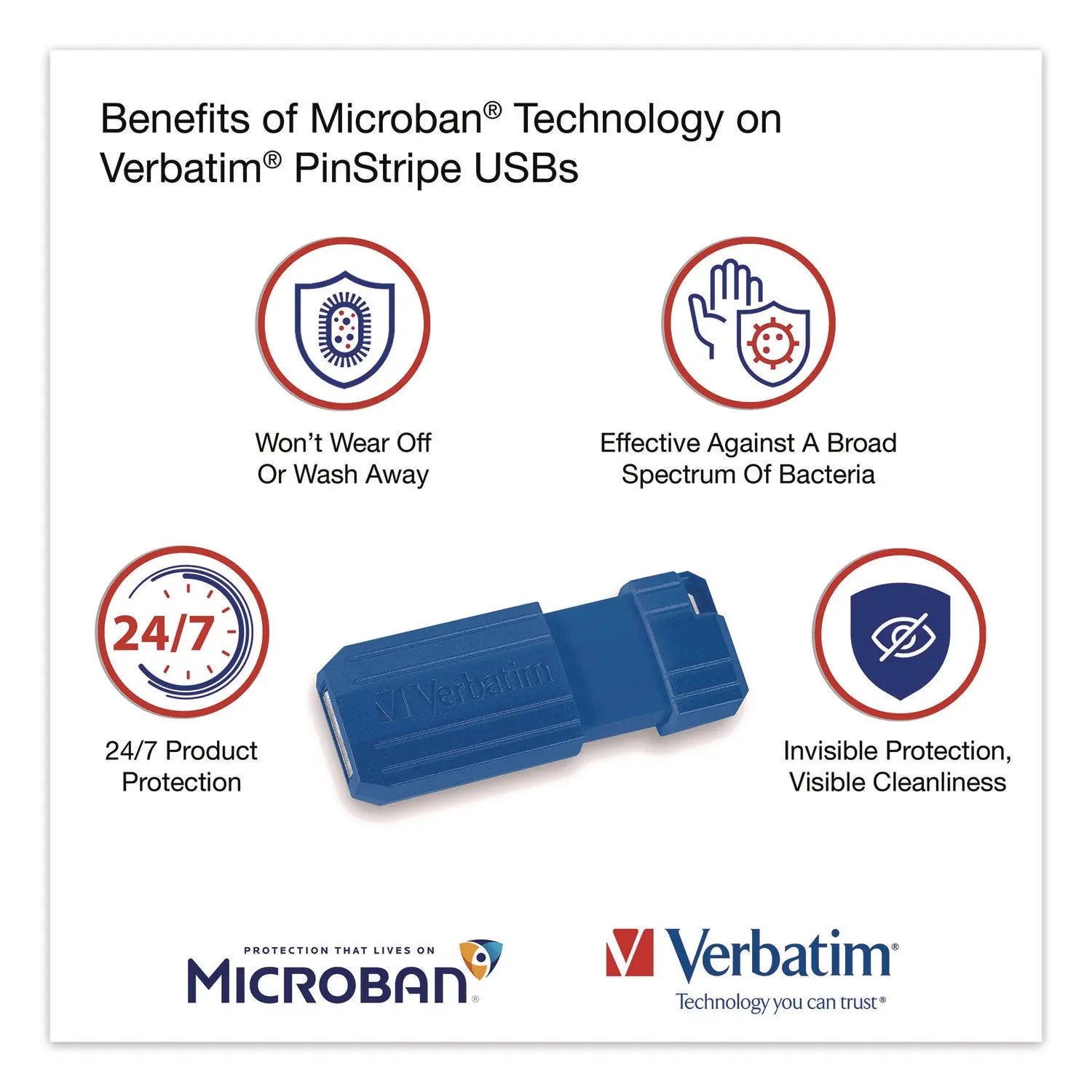 Verbatim® PinStripe USB 2.0 Flash Drive, 128 GB, Blue/Red, 2/Pack