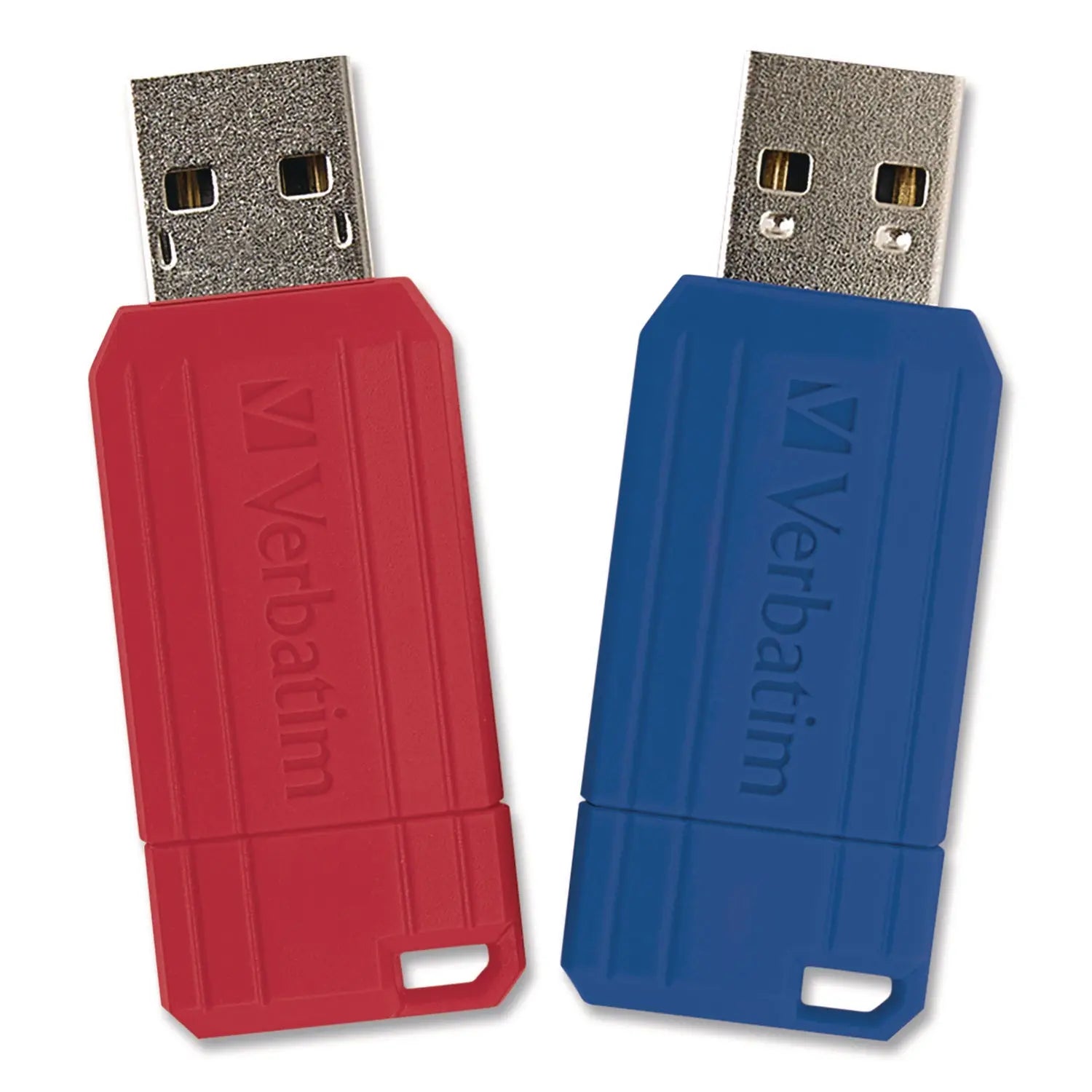 Verbatim® PinStripe USB 2.0 Flash Drive, 128 GB, Blue/Red, 2/Pack