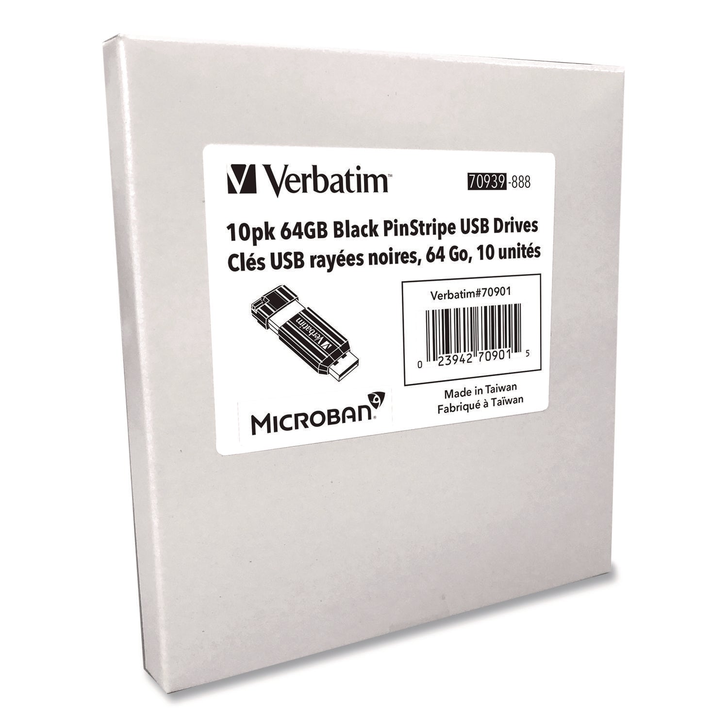 Verbatim® Pinstripe USB 2.0 Flash Drive, 64 GB, Black, 10/Pack