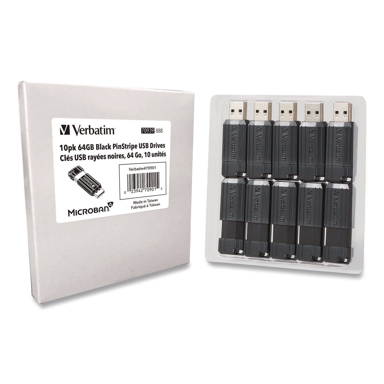 Verbatim® Pinstripe USB 2.0 Flash Drive, 64 GB, Black, 10/Pack