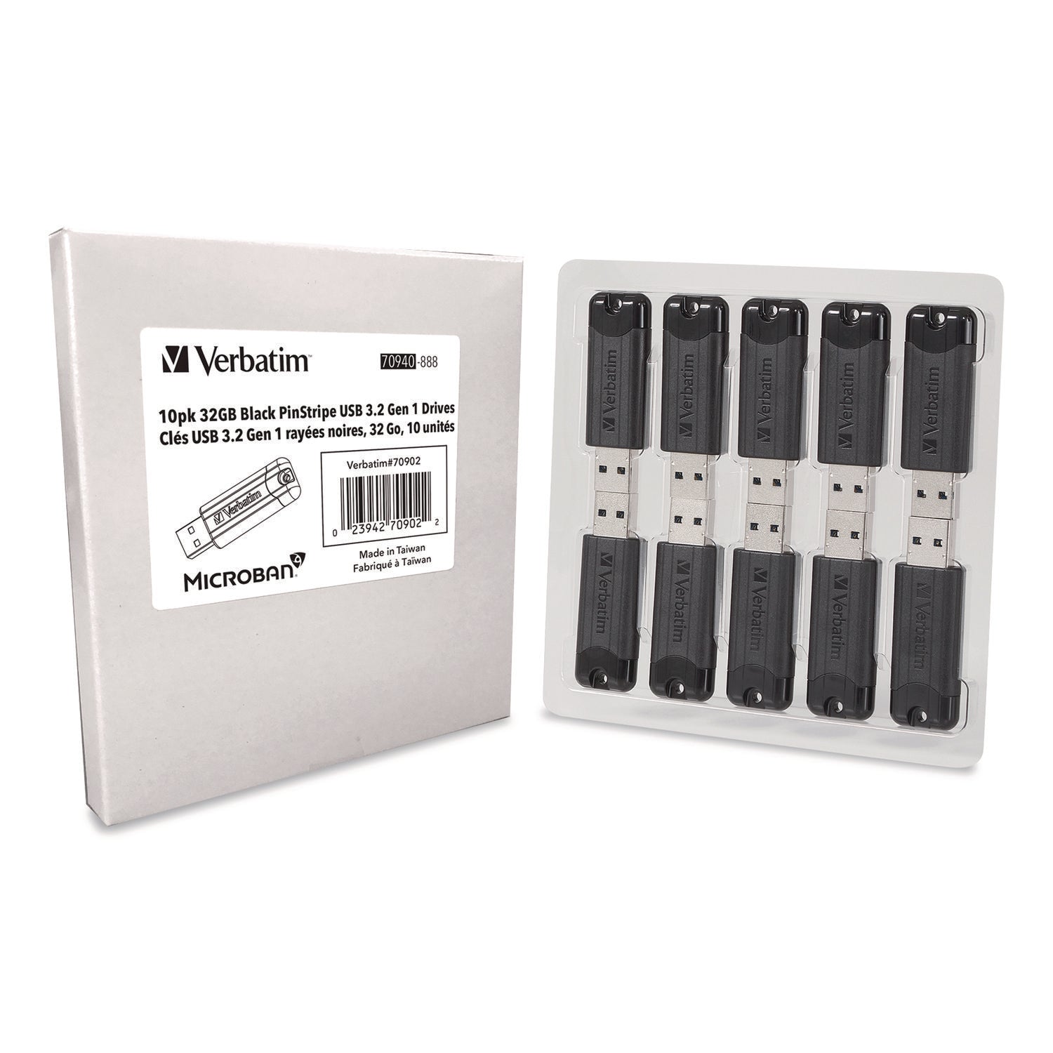 Verbatim® Pinstripe USB 3.2 Flash Drive, 32 GB, Black 10/Pack