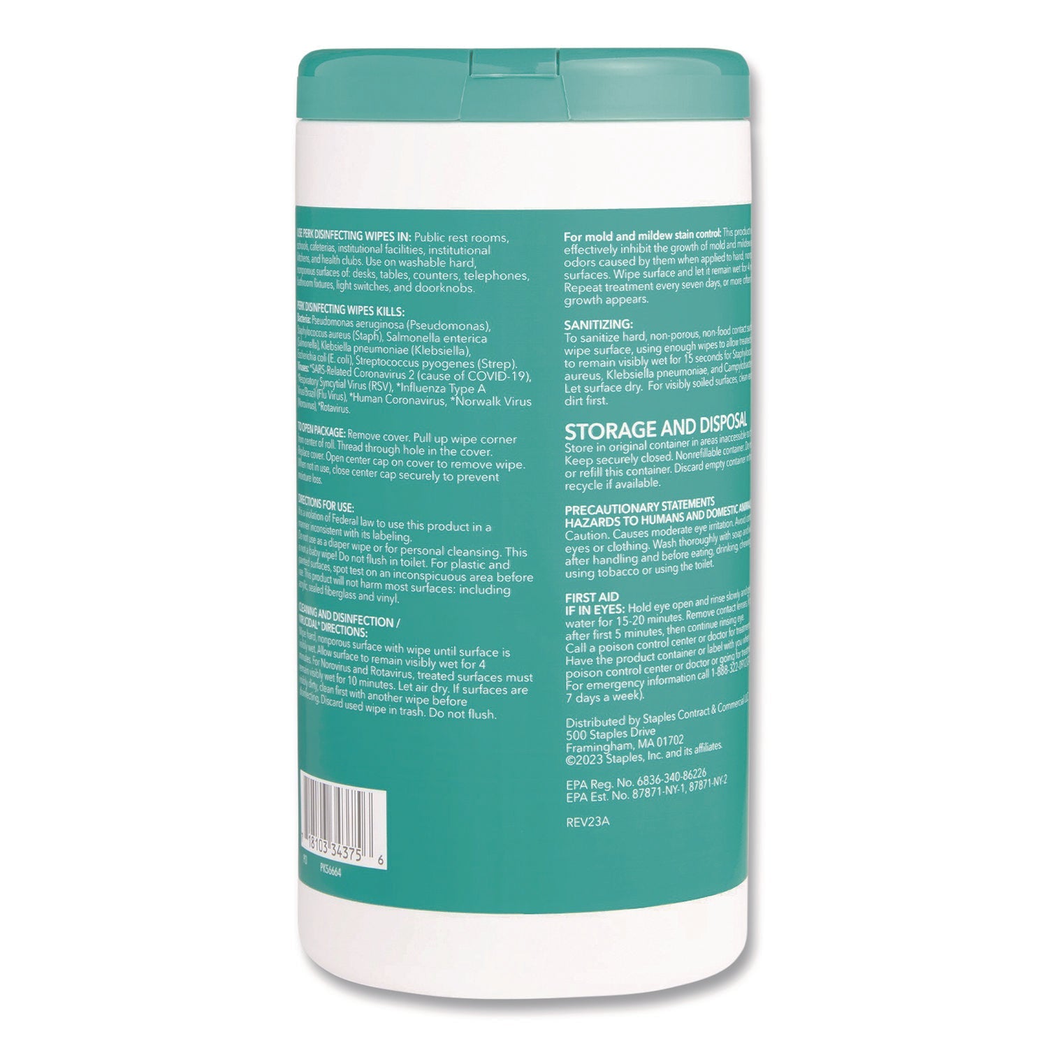 Perk™ Disinfecting Wipes, 7 x 8, Fresh, White, 75 Wipes/Canister, 6/Carton