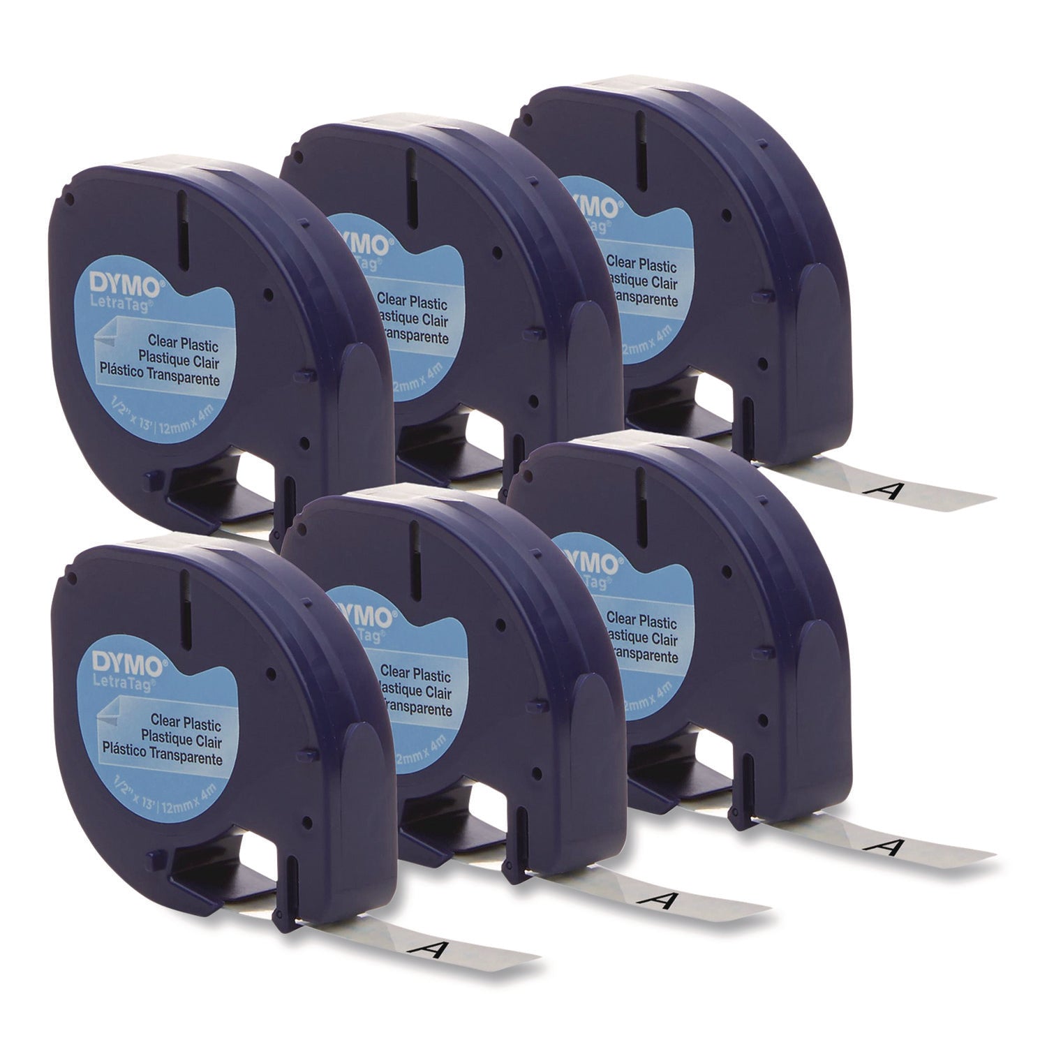 DYMO® LetraTag Plastic Label Tape Cassette, 0.5" x 13 ft, Black on Clear, 6/Pack