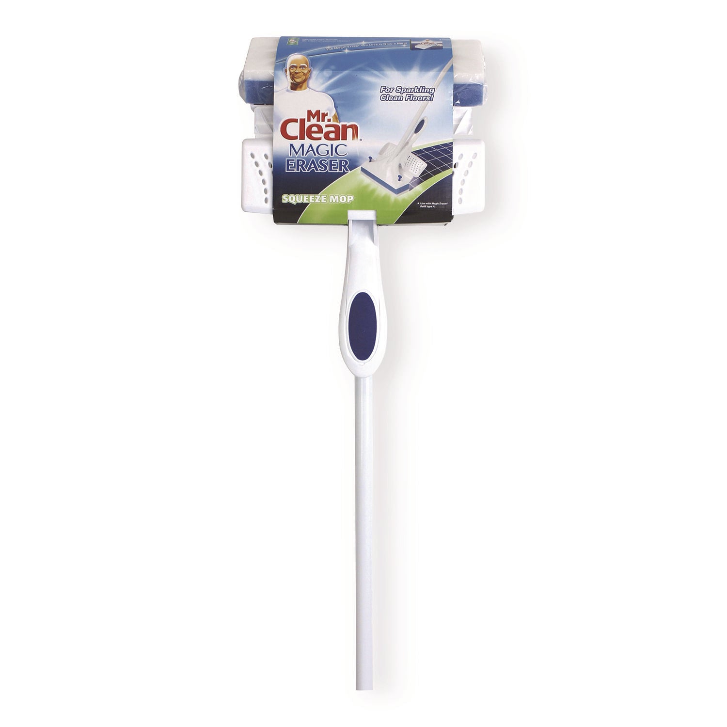 Mr. Clean® Magic Eraser Squeeze Mop, Blue/White Magic Eraser Sponge Head, 54.7" White Handle