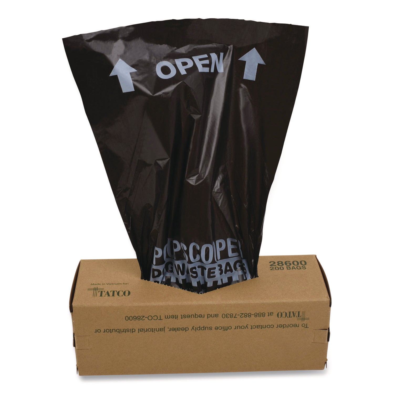 Tatco Dog Waste Bags, Open-Face, 0.5 gal, 8" x 13", Black, Perforated Roll, 200 Bags/Roll, 10 Rolls/Carton