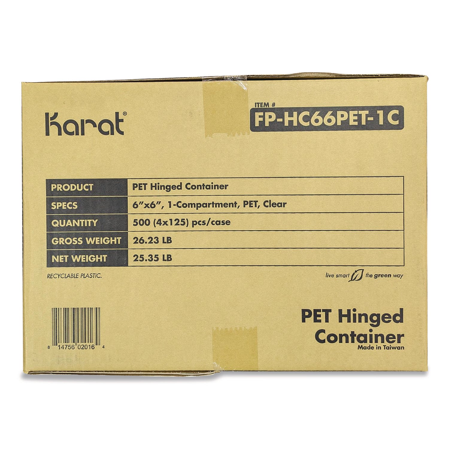 Karat® PET Plastic Hinged Container, 6 x 6 x 3.3, Clear, Plastic, 500/Carton