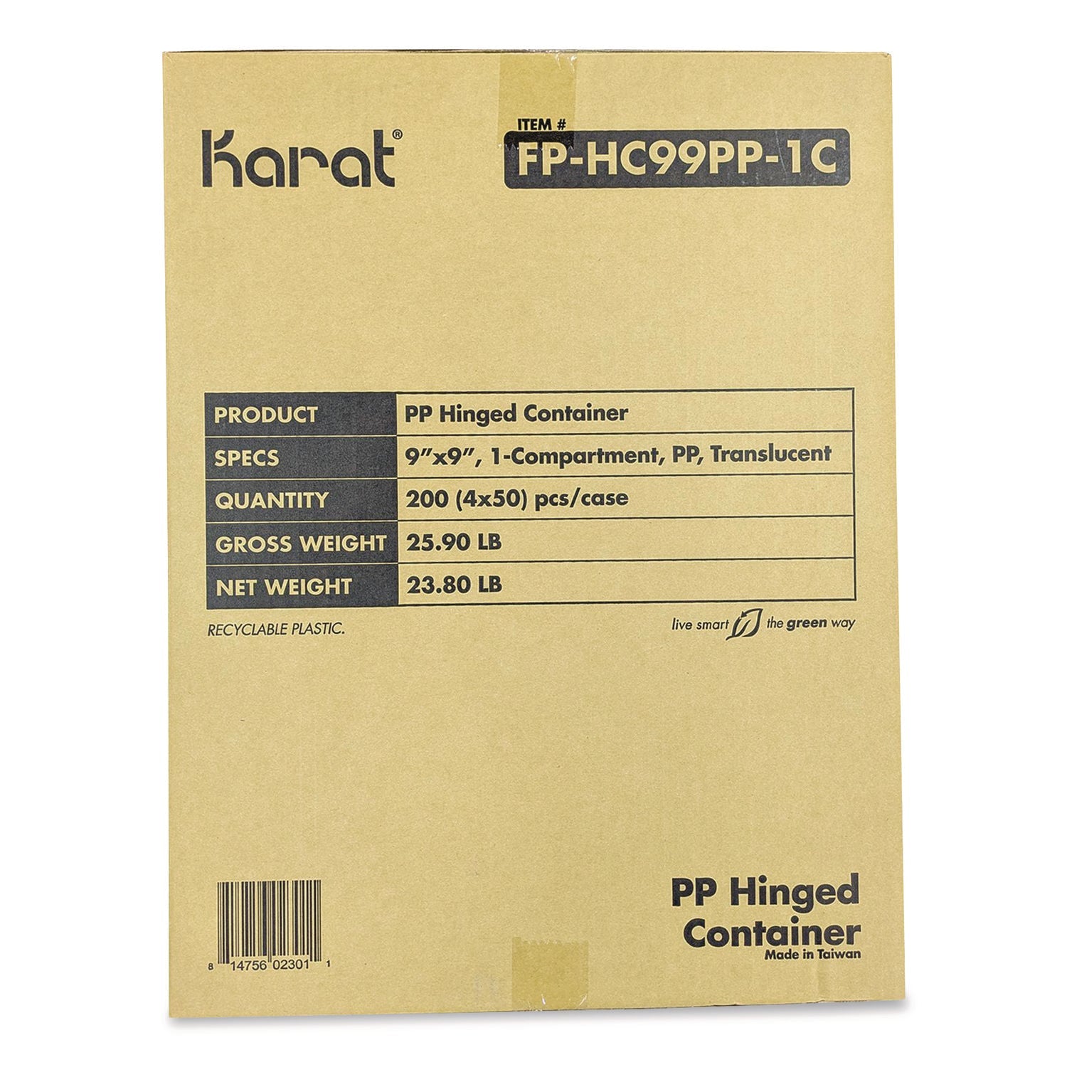 Karat® Polypropylene Plastic Hinged Container, 9.35 x 9.22 x 3.17, Clear, Plastic, 50/Pack, 4 Packs/Carton