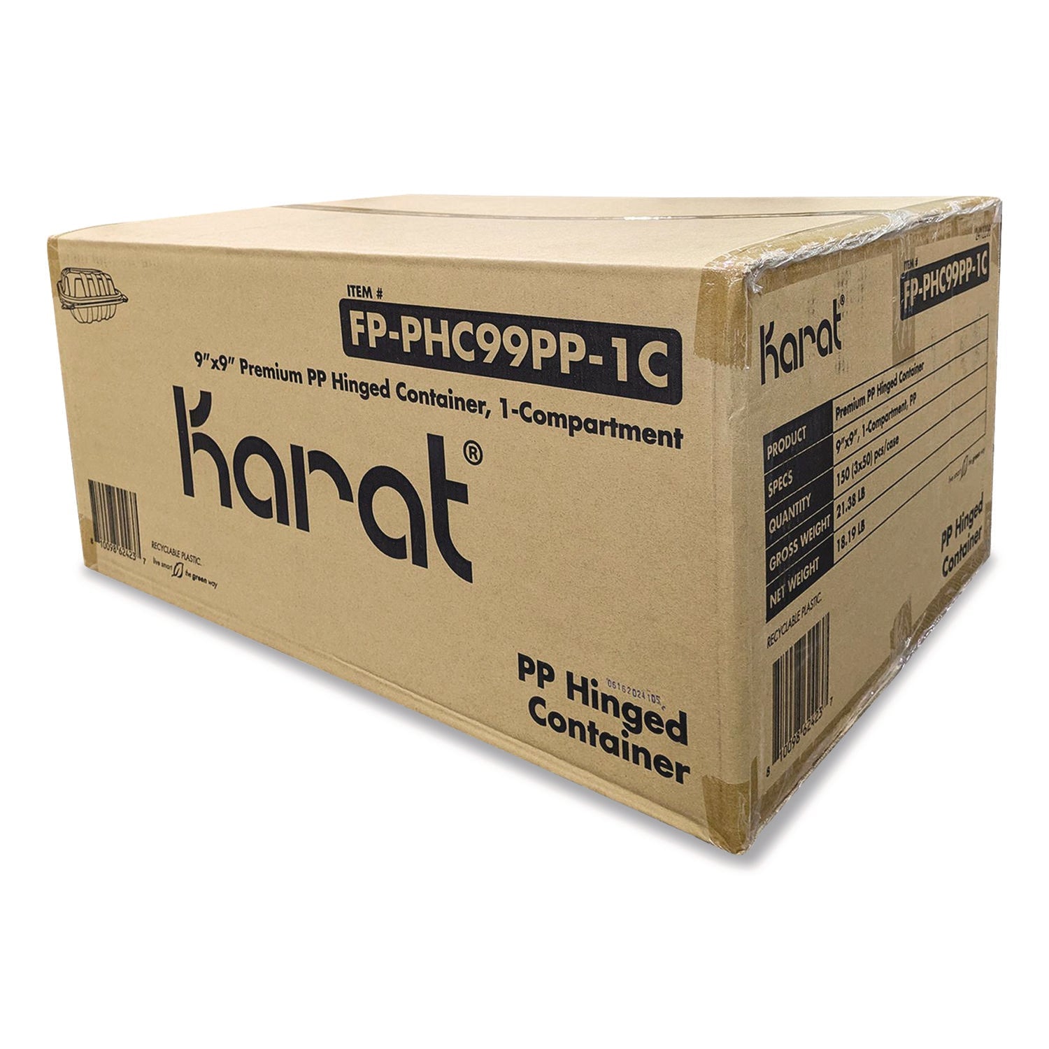 Karat® Polypropylene Plastic Hinged Container, 9 x 9 x 3, Black/Clear, Plastic, 50/Pack, 3 Packs/Carton