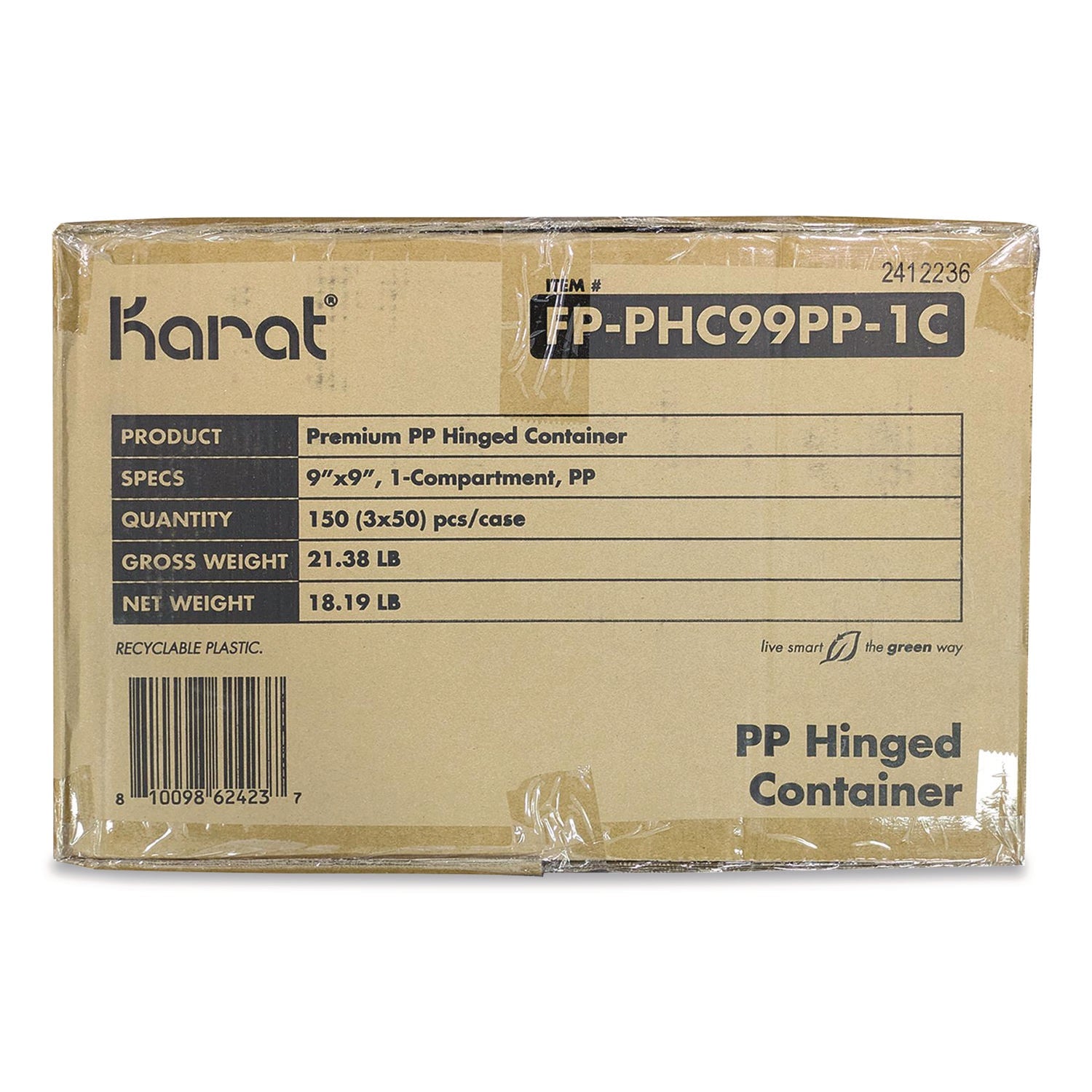 Karat® Polypropylene Plastic Hinged Container, 9 x 9 x 3, Black/Clear, Plastic, 50/Pack, 3 Packs/Carton