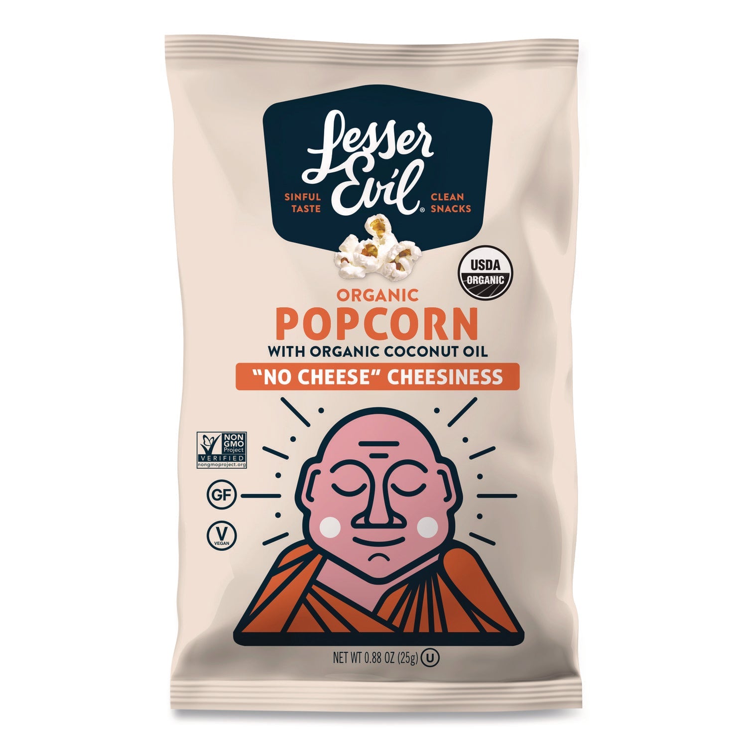 LesserEvil® Snack Organic No Cheese Cheesiness Popcorn, Cheese, 0.88 oz Bag, 18/Carton