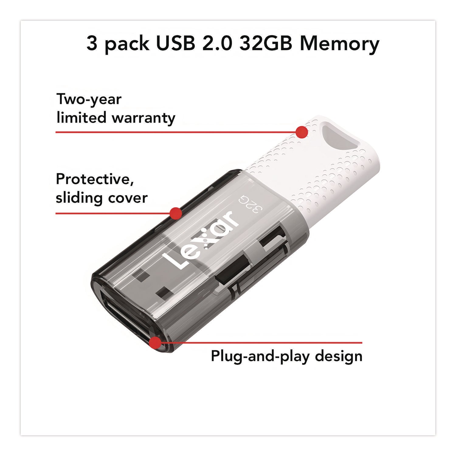 Lexar™ JumpDrive S60 USB 2.0 Flash Drive, 32 GB, Gray/White, 3/Pack
