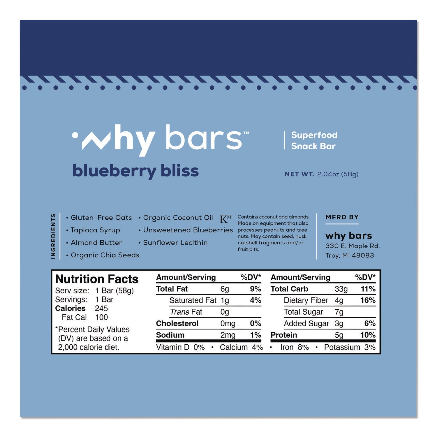 Why Bars™ Superfood Snack Bar, Blueberry Bliss, 2.04 oz Bar, 12/Box