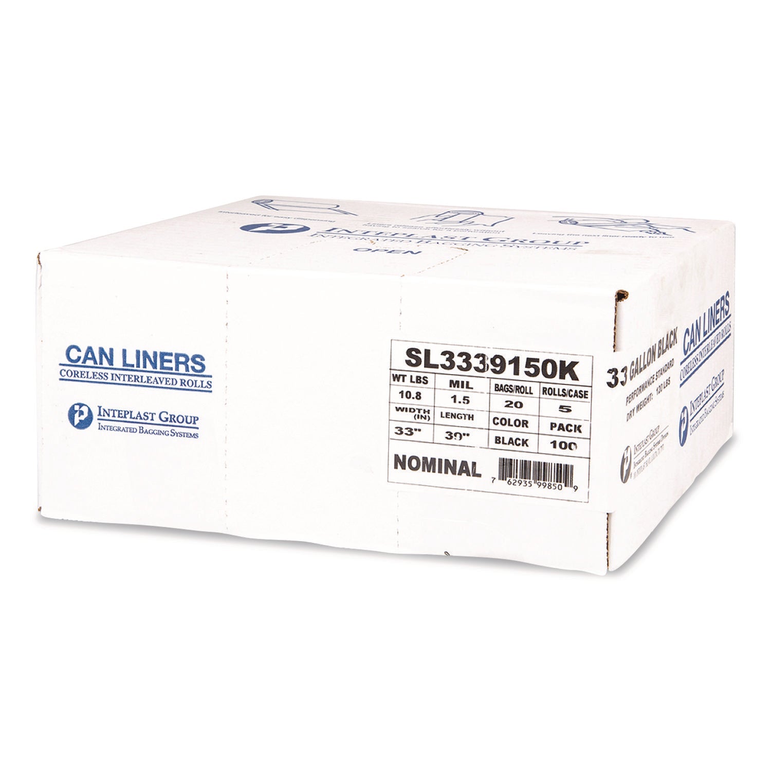 Inteplast Group Low-Density Commercial Can Liners, 33 gal, 1.5 mil, 33" x 39", Black, Interleaved Roll, 20 Bags/Roll, 5 Rolls/Carton
