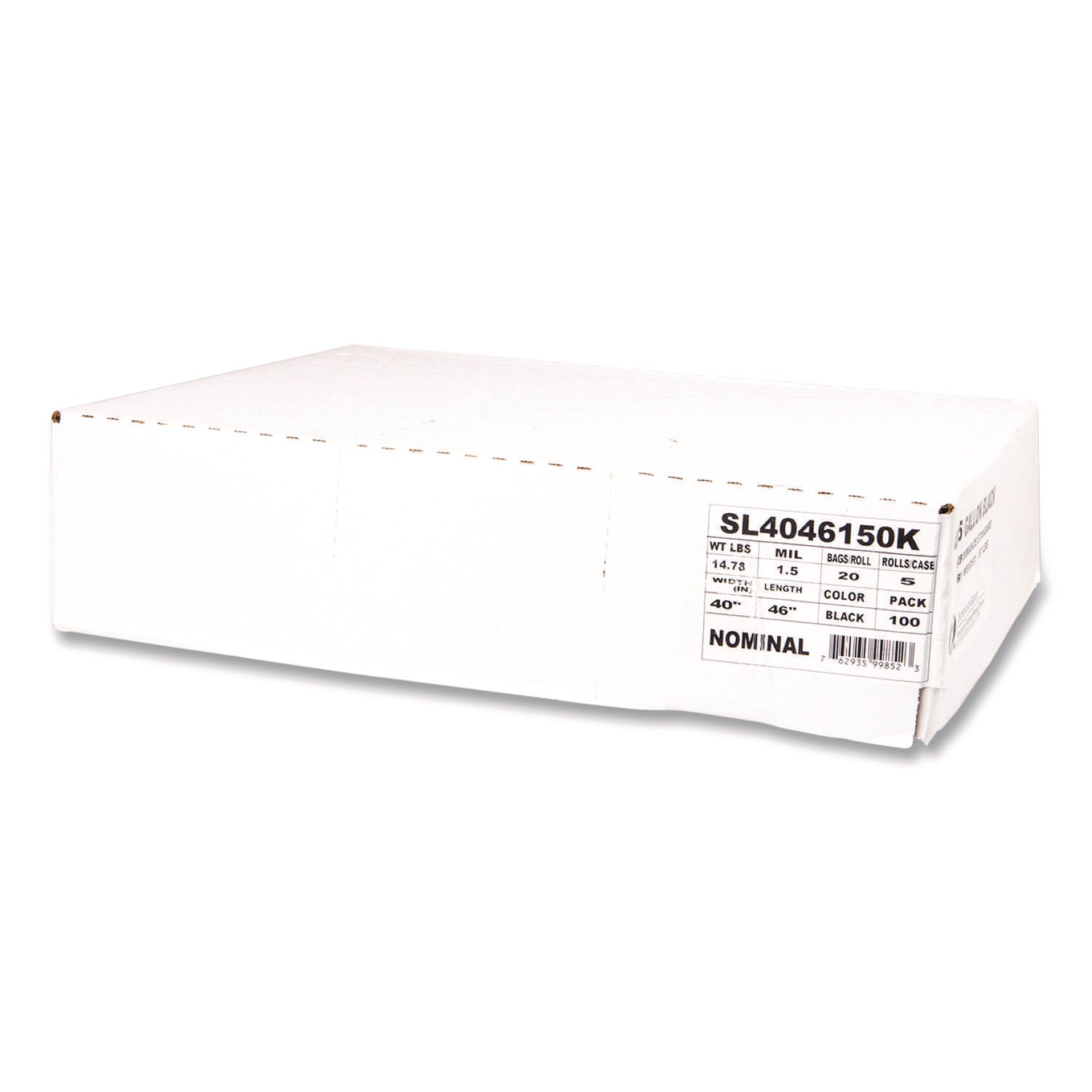 Inteplast Group Institutional Low-Density Can Liners, 45 gal, 1.5 mil, 40" x 46", Black, Interleaved Roll, 20 Bags/Roll, 5 Rolls/Carton
