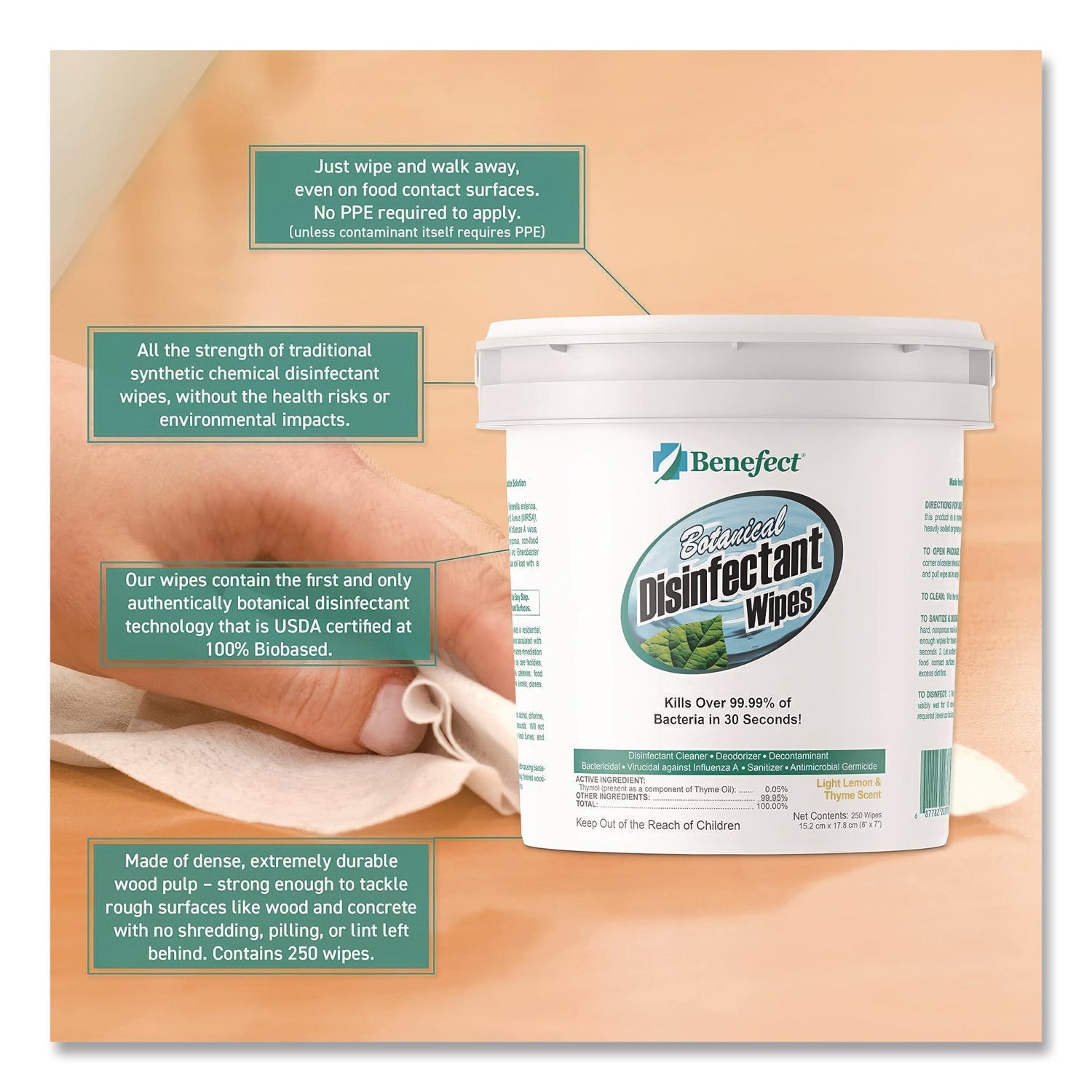 Benefect® Botanical Disinfectant Wipes, 6 x 7, Light Lemon and Thyme, 250/Bucket