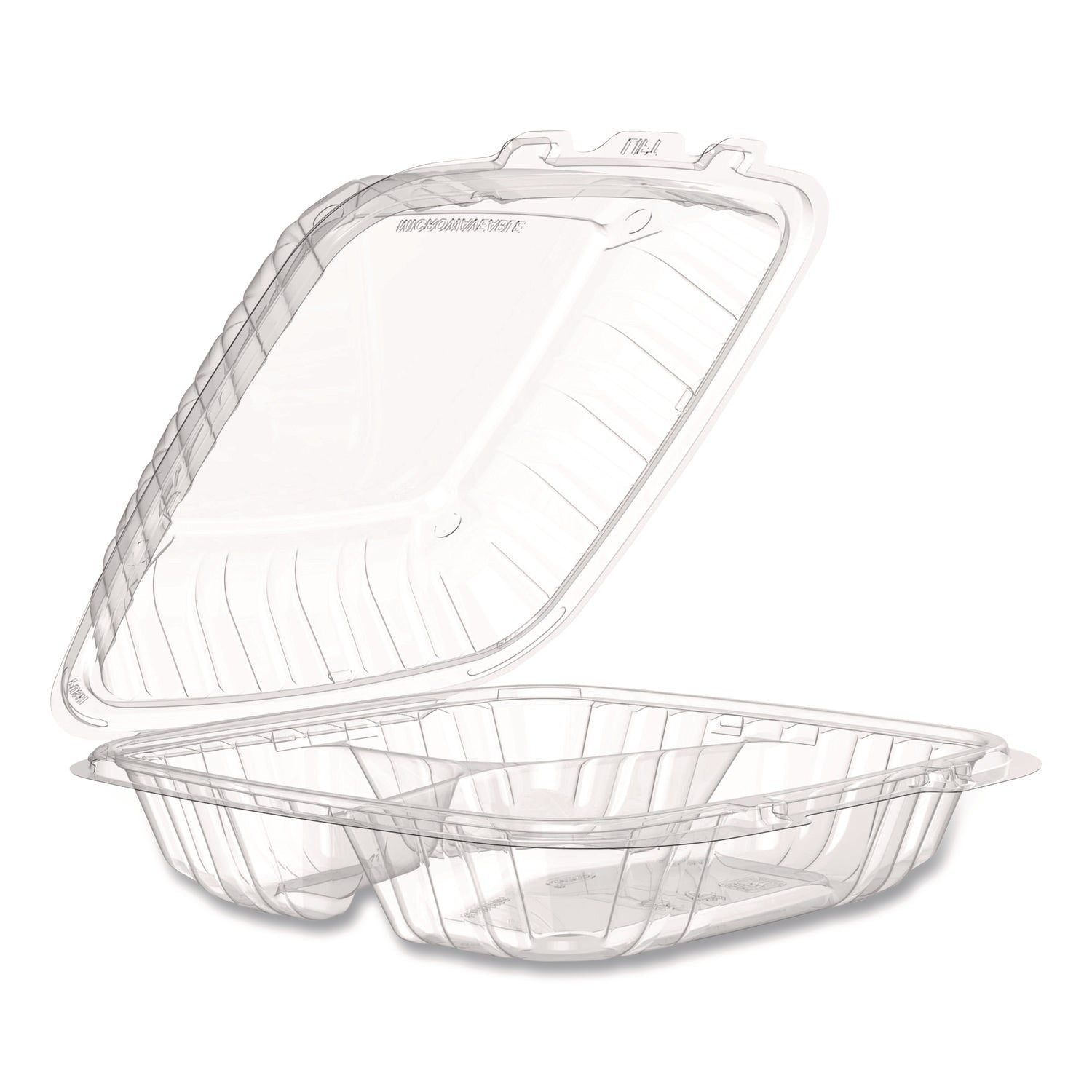 Dart® Microwaveable Hinged Containers, 3 Compartments, 9 x 8.75 x 3, Clear, Plastic,150/Carton - Bloom Skins