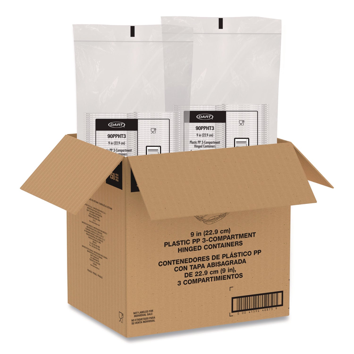 Dart® Microwaveable Hinged Containers, 3 Compartments, 9 x 8.75 x 3, Clear, Plastic,150/Carton - Bloom Skins