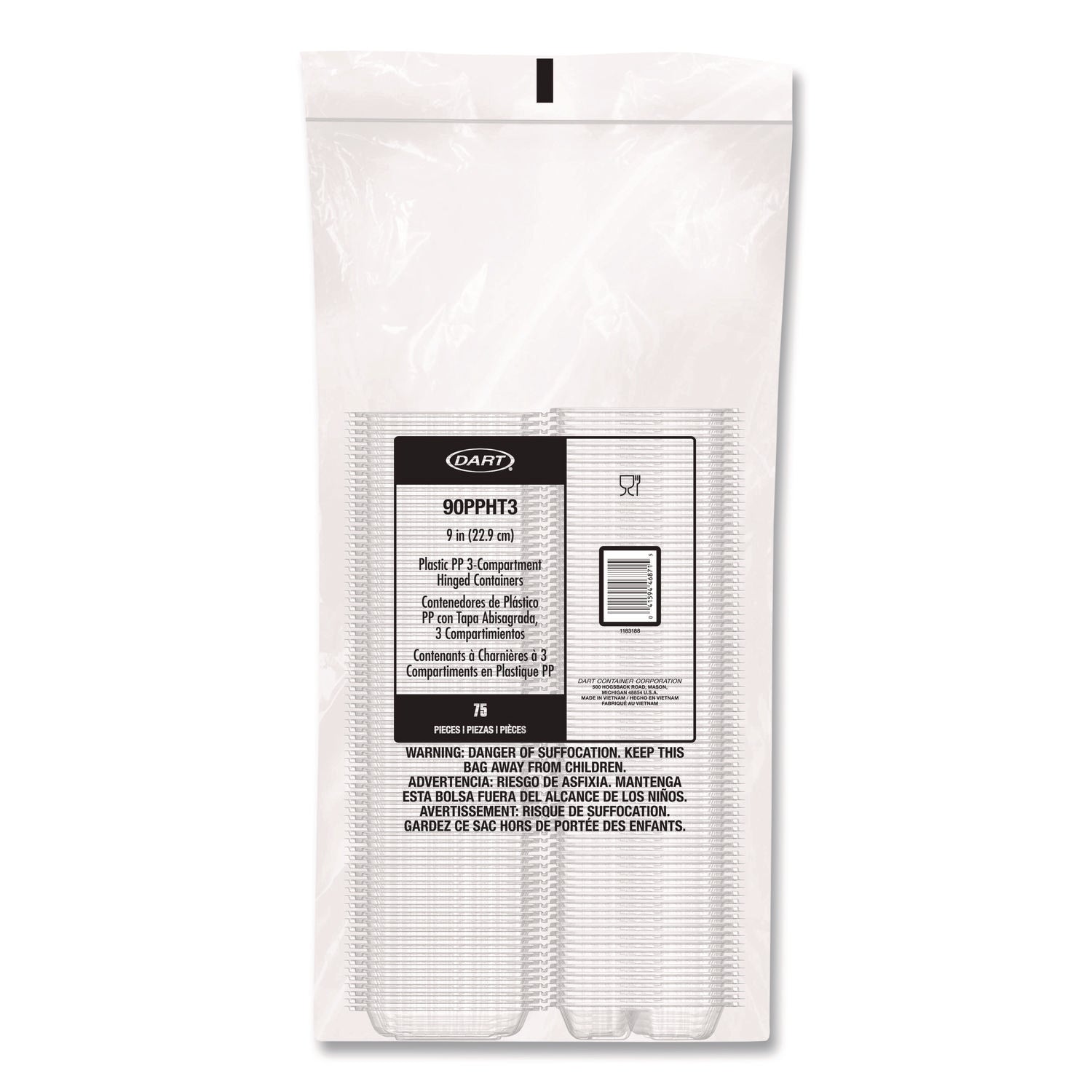 Dart® Microwaveable Hinged Containers, 3 Compartments, 9 x 8.75 x 3, Clear, Plastic,150/Carton - Bloom Skins