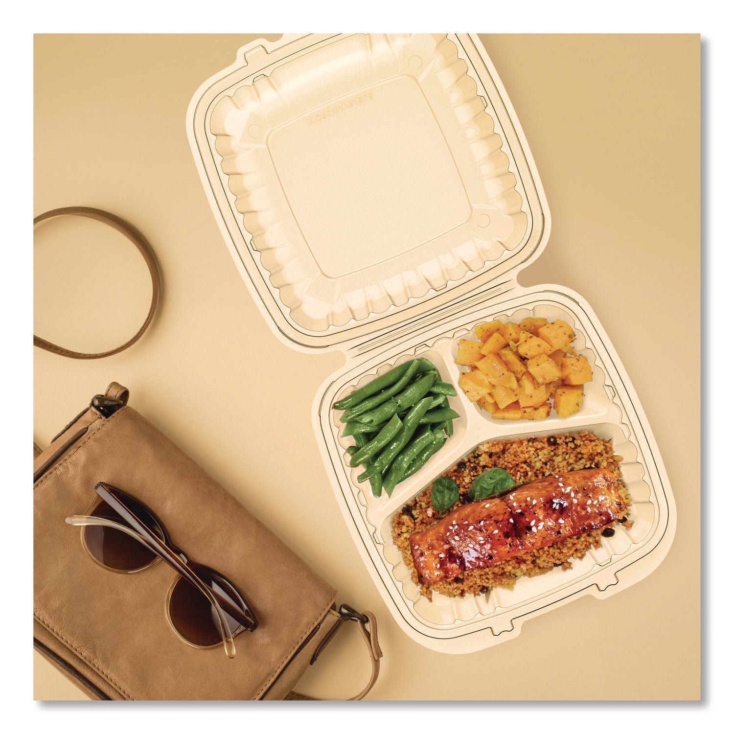 Dart® Microwaveable Hinged Containers, 3 Compartments, 9 x 8.75 x 3, Clear, Plastic,150/Carton - Bloom Skins