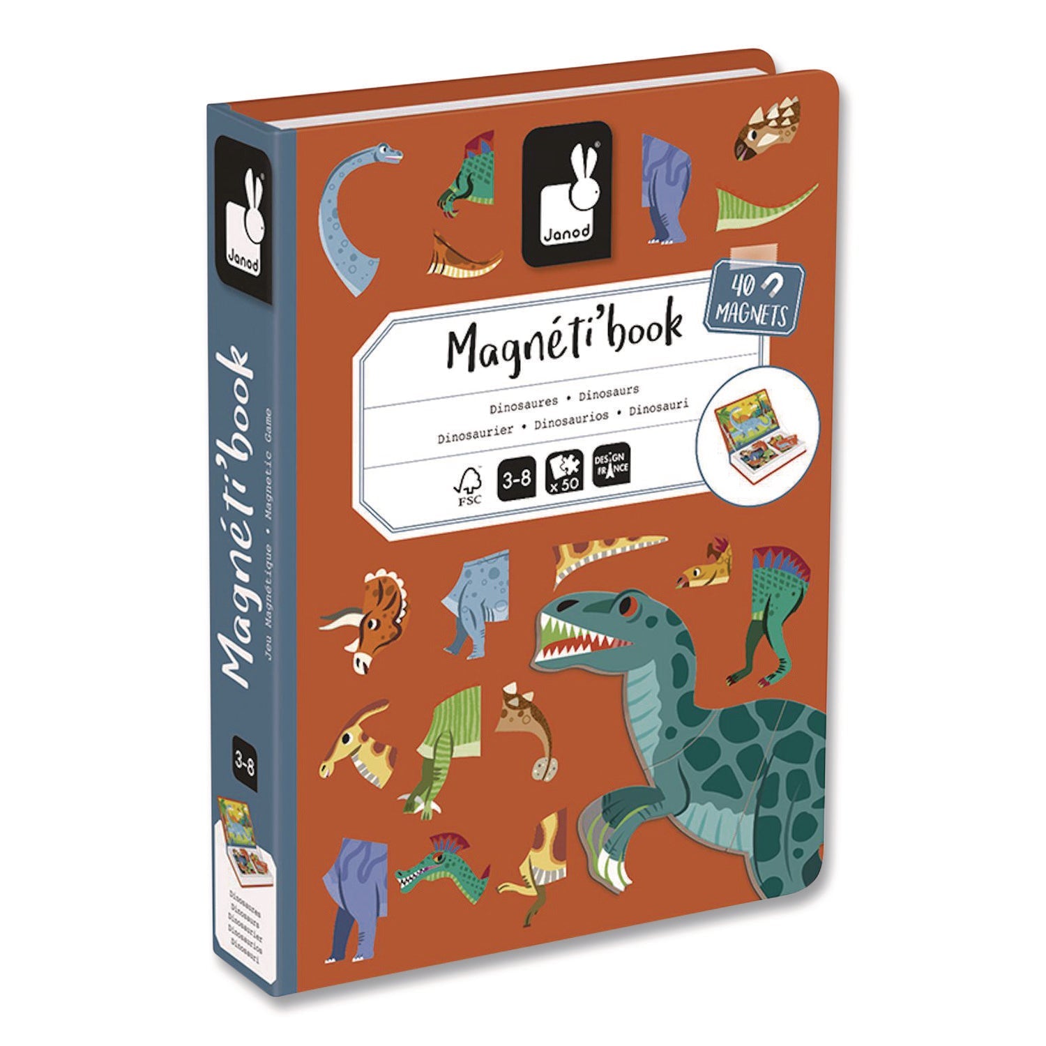 Janod® Magneti'books, Dinosaurs, 50 Pieces (10 Cards, 40 Magnetic Shapes), Ages 3 to 8 Years - Bloom Skins