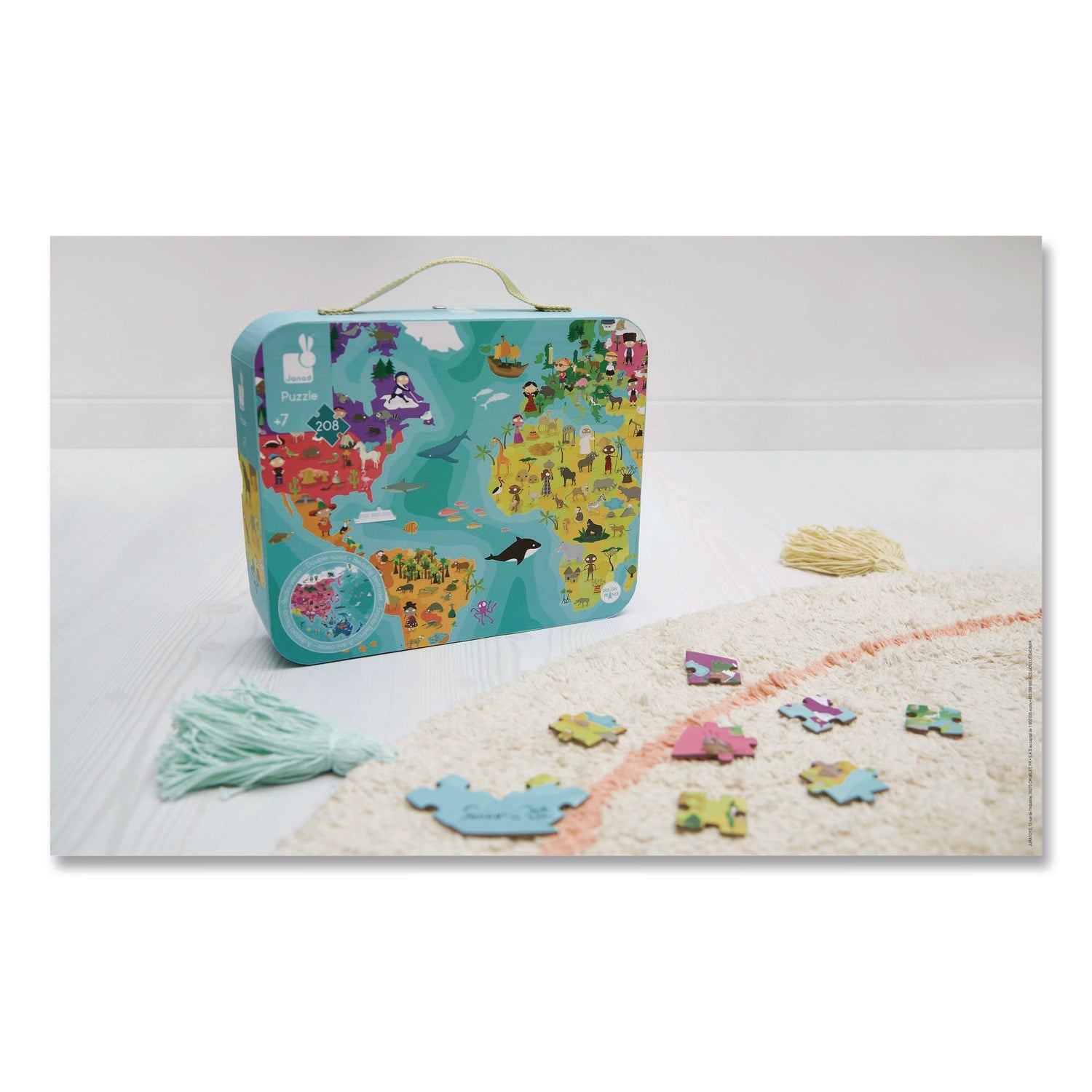 Janod® Cardboard Puzzle, Round Double-Sided Blue Planet Suitcase, 208 Pieces, Ages 7 Years and Up - Bloom Skins