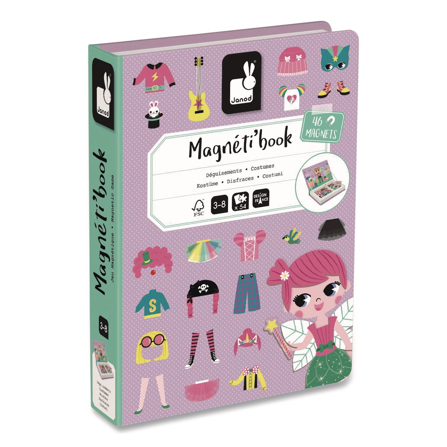 Janod® Magneti'books, Girl's Costumes, 54 Pieces (8 Cards, 46 Magnetic Shapes), Ages 3 to 8 - Bloom Skins