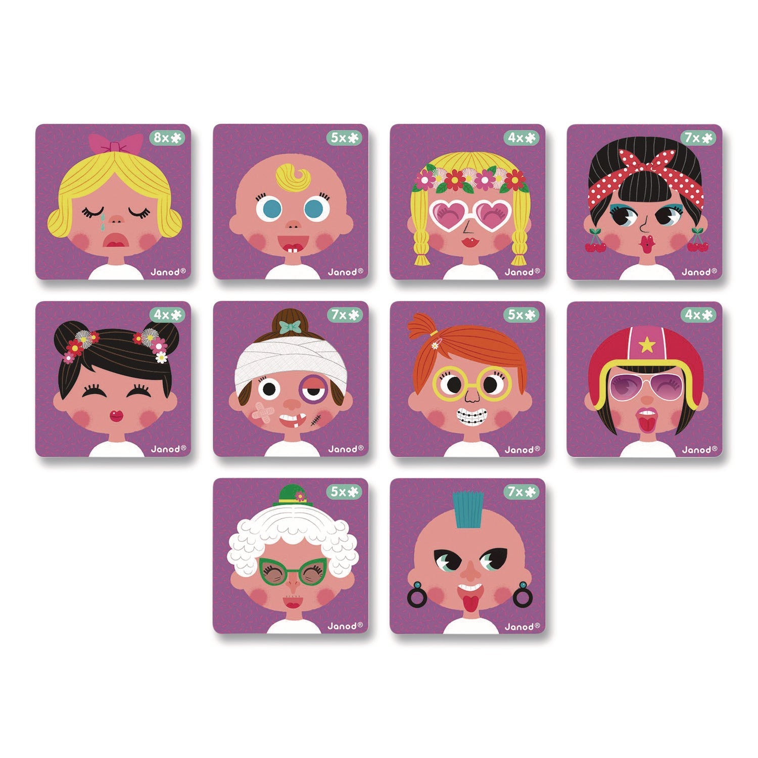 Janod® Magneti'books, Girl's Crazy Faces, 65 Pieces (10 Cards, 55 Magnetic Shapes), Ages 3 to 8 - Bloom Skins