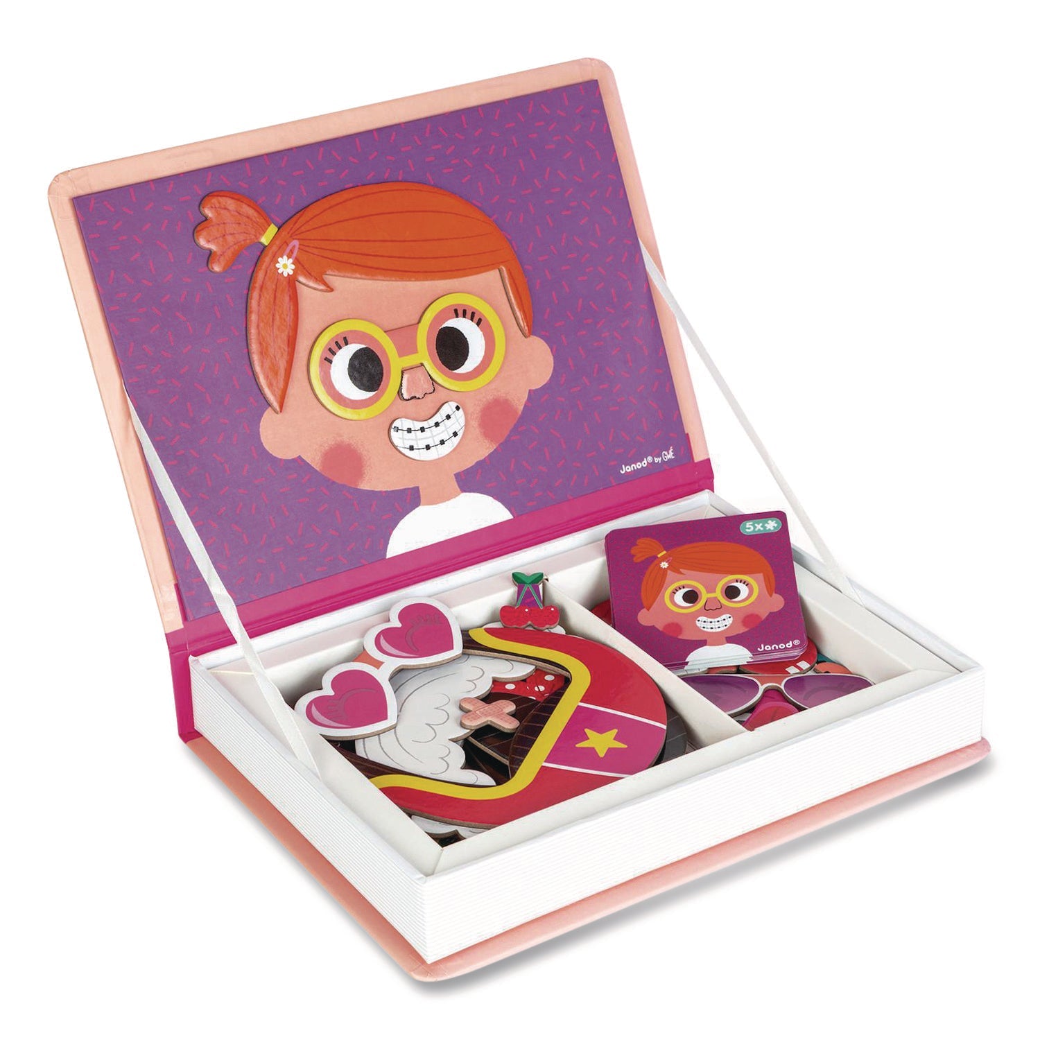 Janod® Magneti'books, Girl's Crazy Faces, 65 Pieces (10 Cards, 55 Magnetic Shapes), Ages 3 to 8 - Bloom Skins