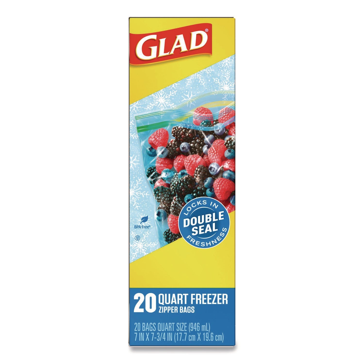 Glad® Zipper Food Storage Plastic Bags, Freezer Bags, Quart Size, 7.75 x 8.44, Clear, 20 Bags/Box, 12 Boxes/Carton