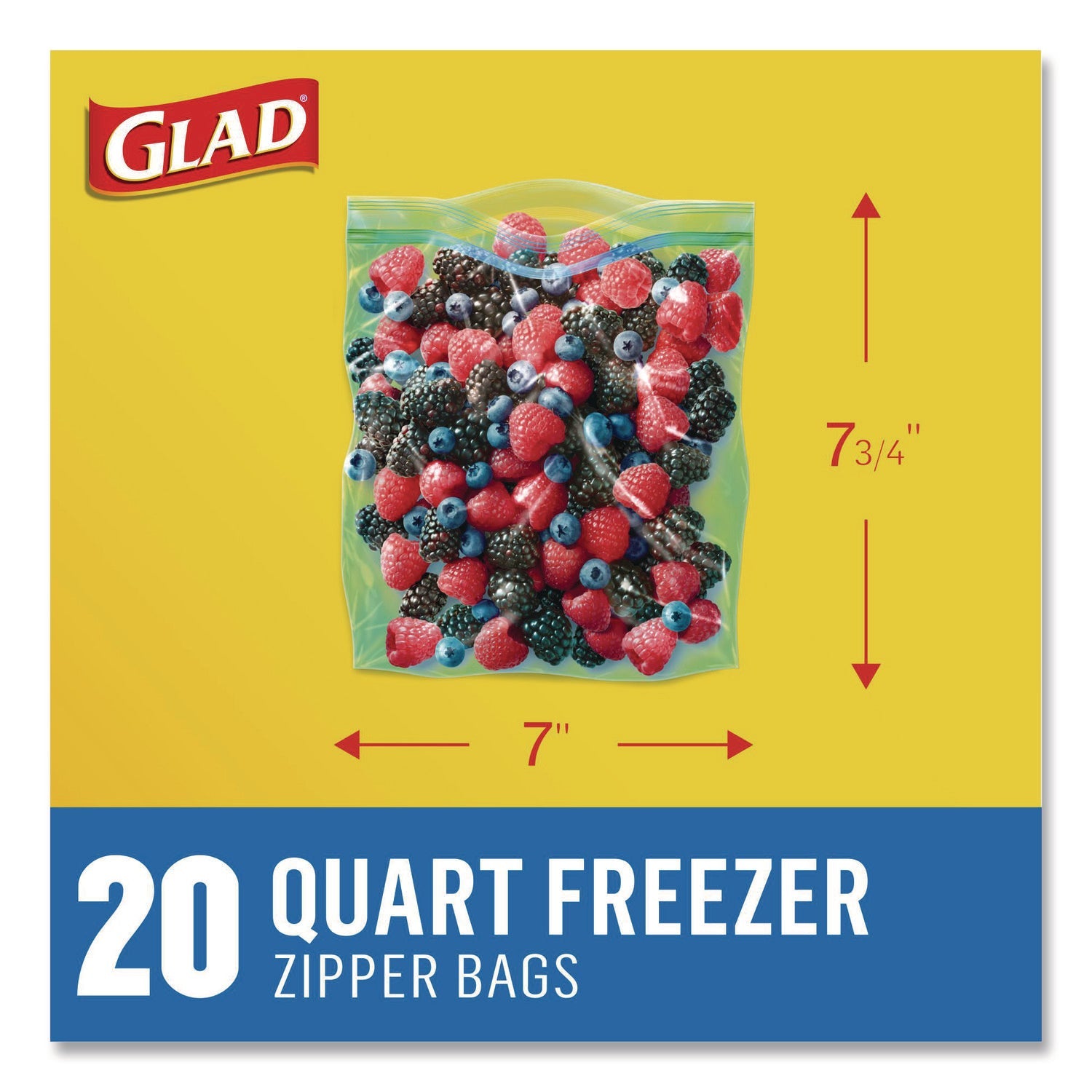Glad® Zipper Food Storage Plastic Bags, Freezer Bags, Quart Size, 7.75 x 8.44, Clear, 20 Bags/Box, 12 Boxes/Carton