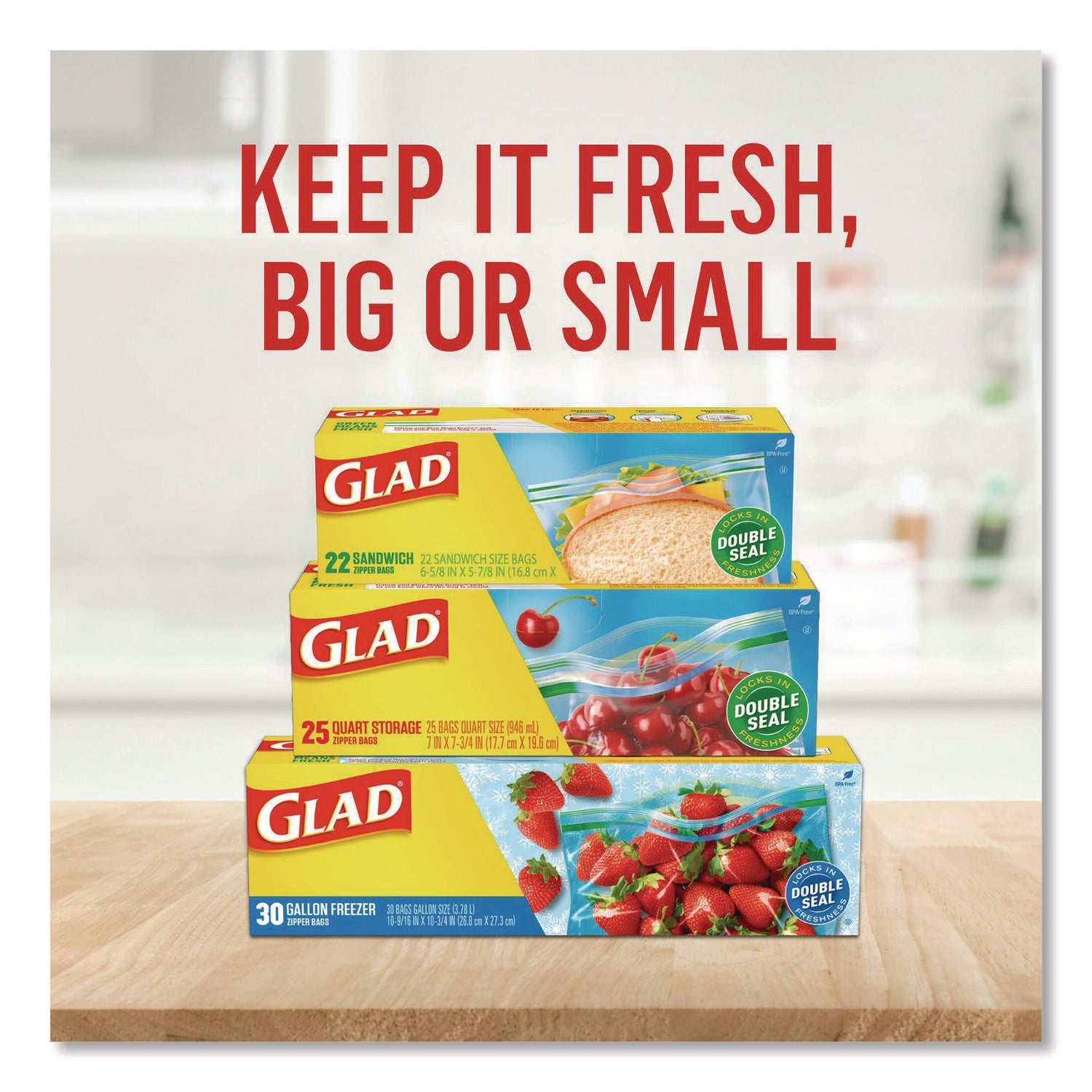 Glad® Zipper Food Storage Plastic Bags, Freezer Bags, Quart Size, 7.75 x 8.44, Clear, 20 Bags/Box, 12 Boxes/Carton