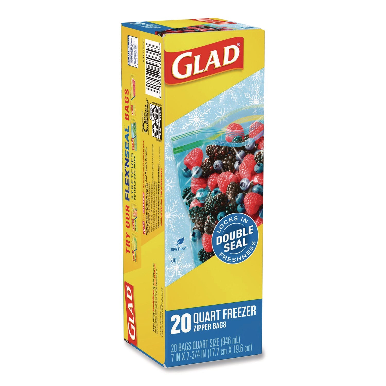 Glad® Zipper Food Storage Plastic Bags, Freezer Bags, Quart Size, 7.75 x 8.44, Clear, 20 Bags/Box, 12 Boxes/Carton