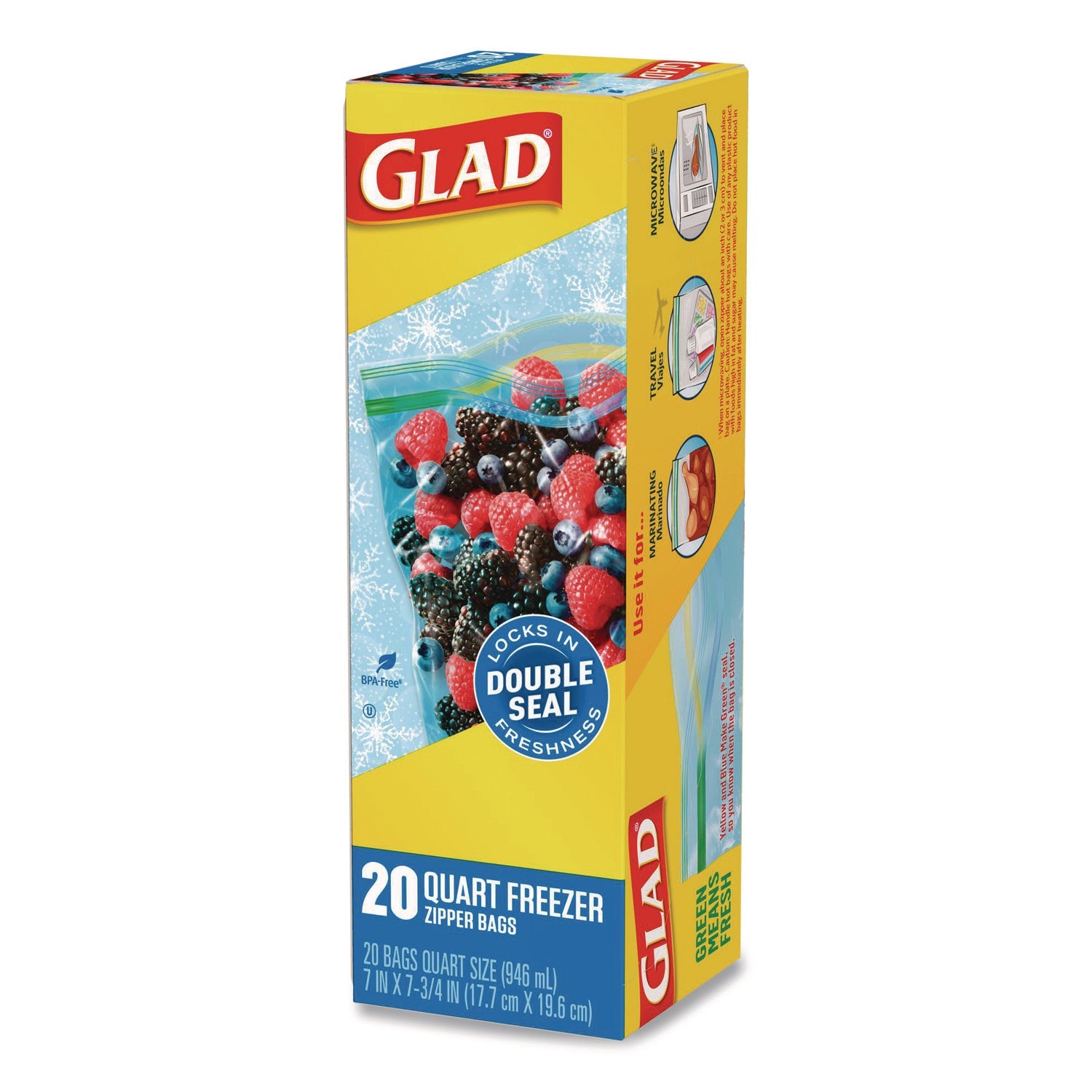 Glad® Zipper Food Storage Plastic Bags, Freezer Bags, Quart Size, 7.75 x 8.44, Clear, 20 Bags/Box, 12 Boxes/Carton