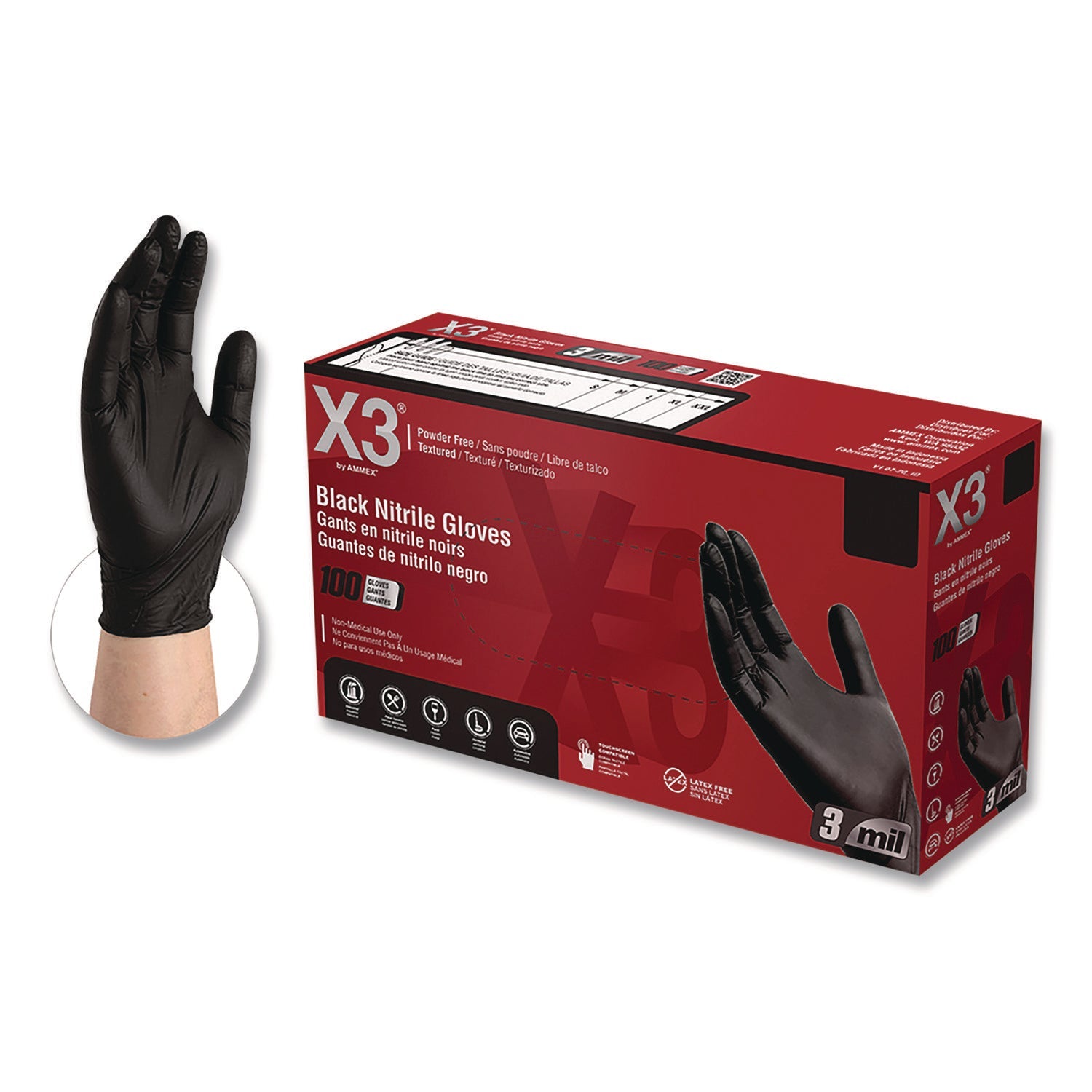 X3® by AMMEX® Industrial Nitrile Gloves, 2X-Large, Black, 100/Box