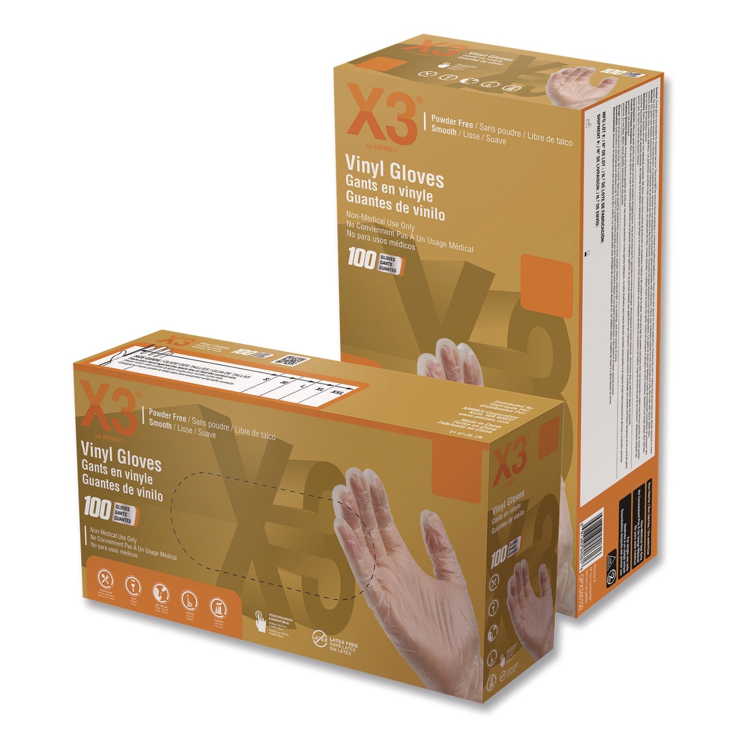 X3® by AMMEX® Industrial Vinyl Gloves, Small, Clear, 100/Box
