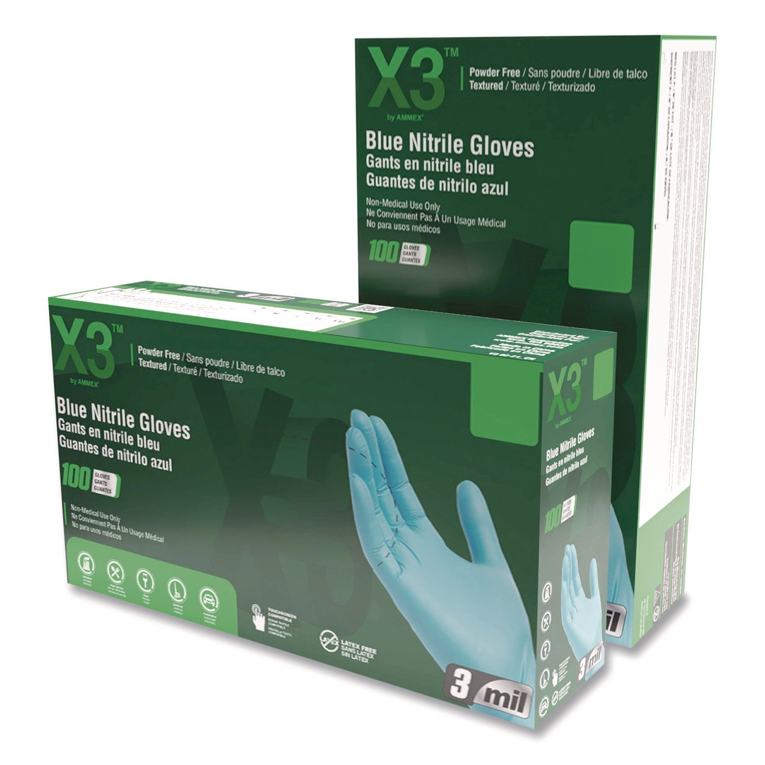 X3® by AMMEX® Industrial Nitrile Gloves, Small, Blue, 100/Box