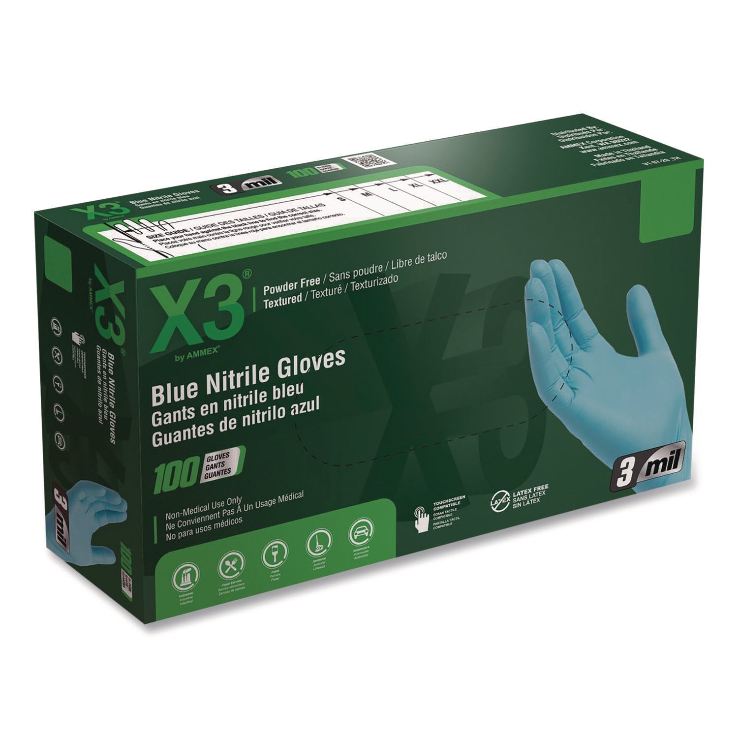 X3® by AMMEX® Industrial Nitrile Gloves, Small, Blue, 100/Box