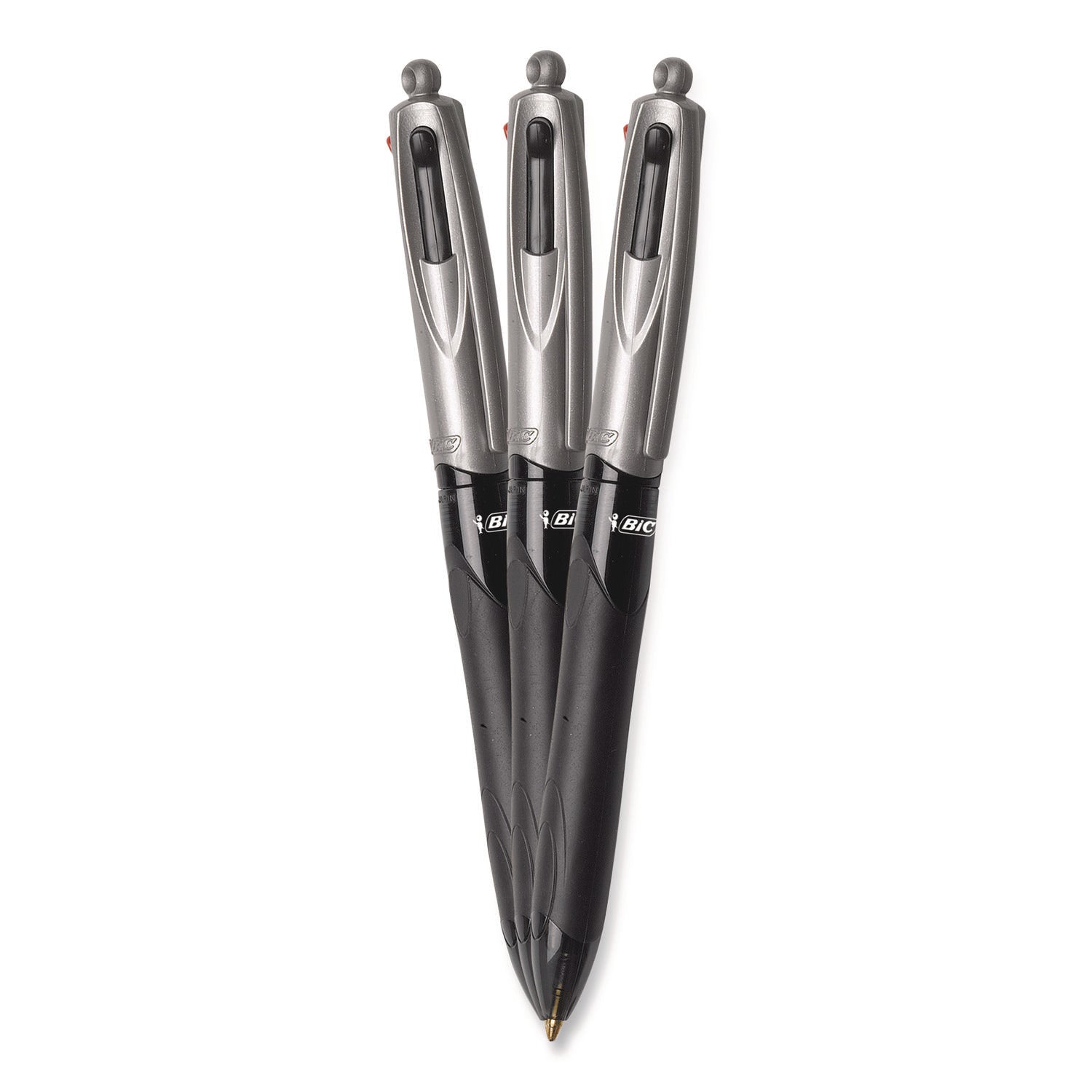 BIC® 4-Color Pro Grip Multi-Color Ballpoint Pen, Retractable, Medium 1 mm, Black/Blue/Green/Red Ink, Black/Gray Barrel, Dozen