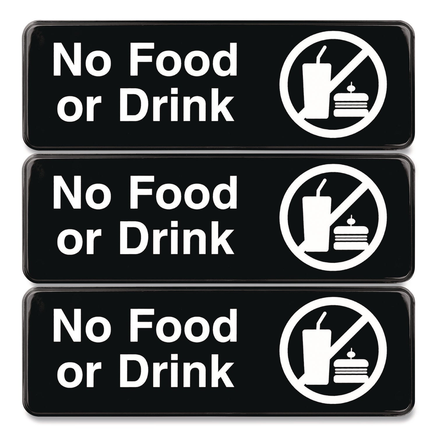 Excello Global Products® No Food or Drink Wall Sign, 9" x 3", Black Face, White Graphics, 3/Pack - Bloom Skins