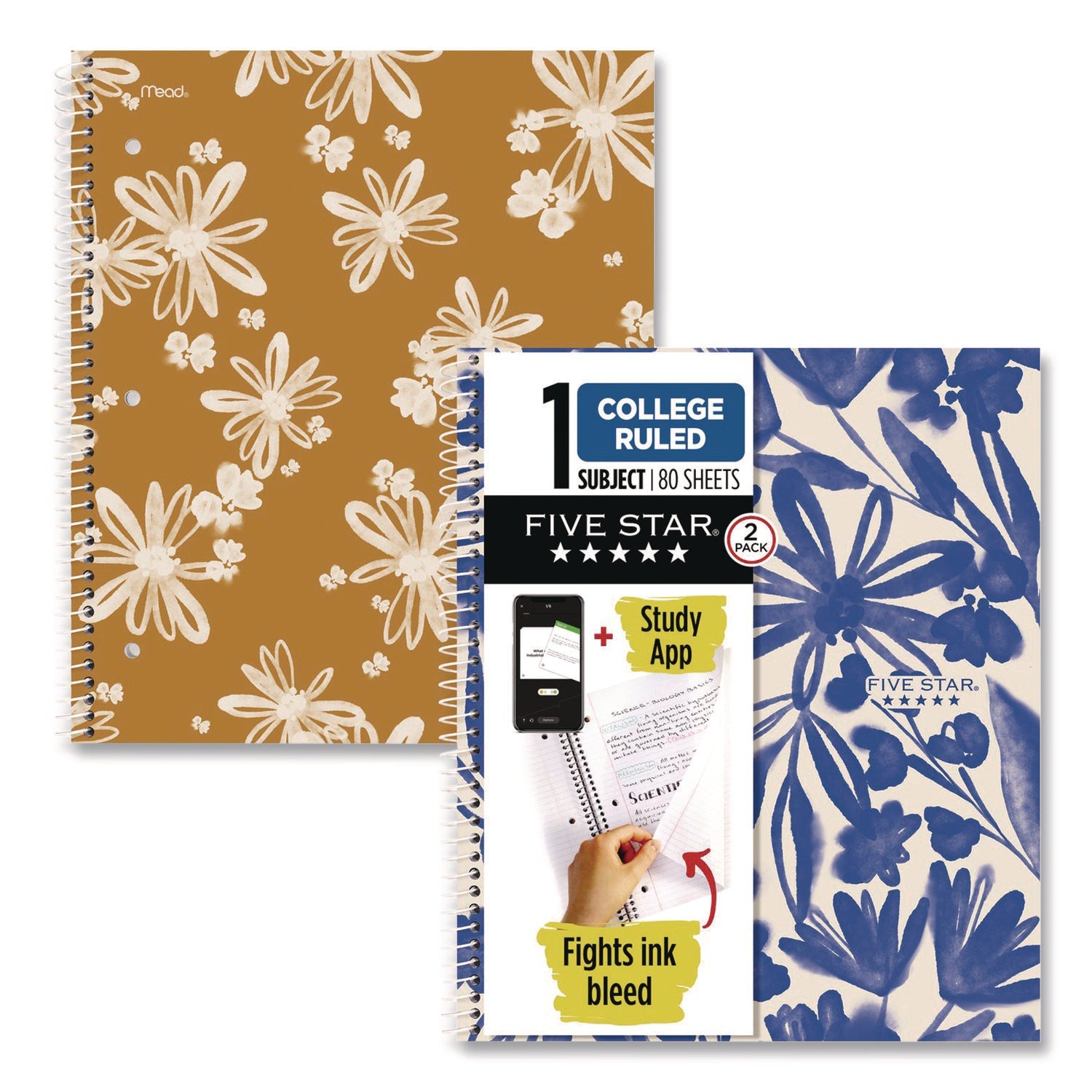 Five Star® Soft Pedals Spiral Notebook, 1-Subject, Medium/College Rule, Assorted Cover Colors, (80) 11 x 8.5 Sheets, 2/Pack - Bloom Skins