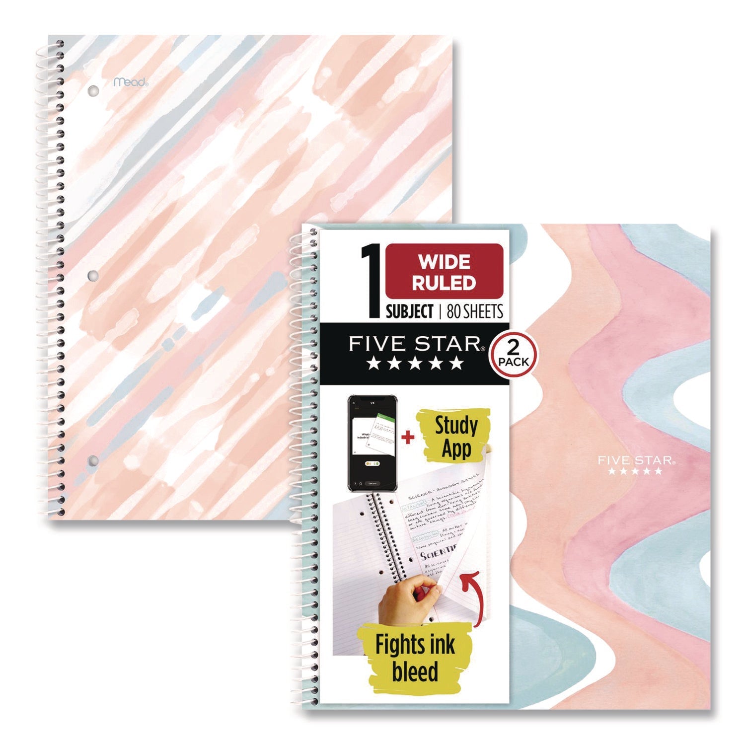Five Star® Brushy Moves Spiral Notebook, 1-Subject, Medium/College Rule, Assorted Cover Colors, (80) 11 x 8.5 Sheets, 2/Pack - Bloom Skins